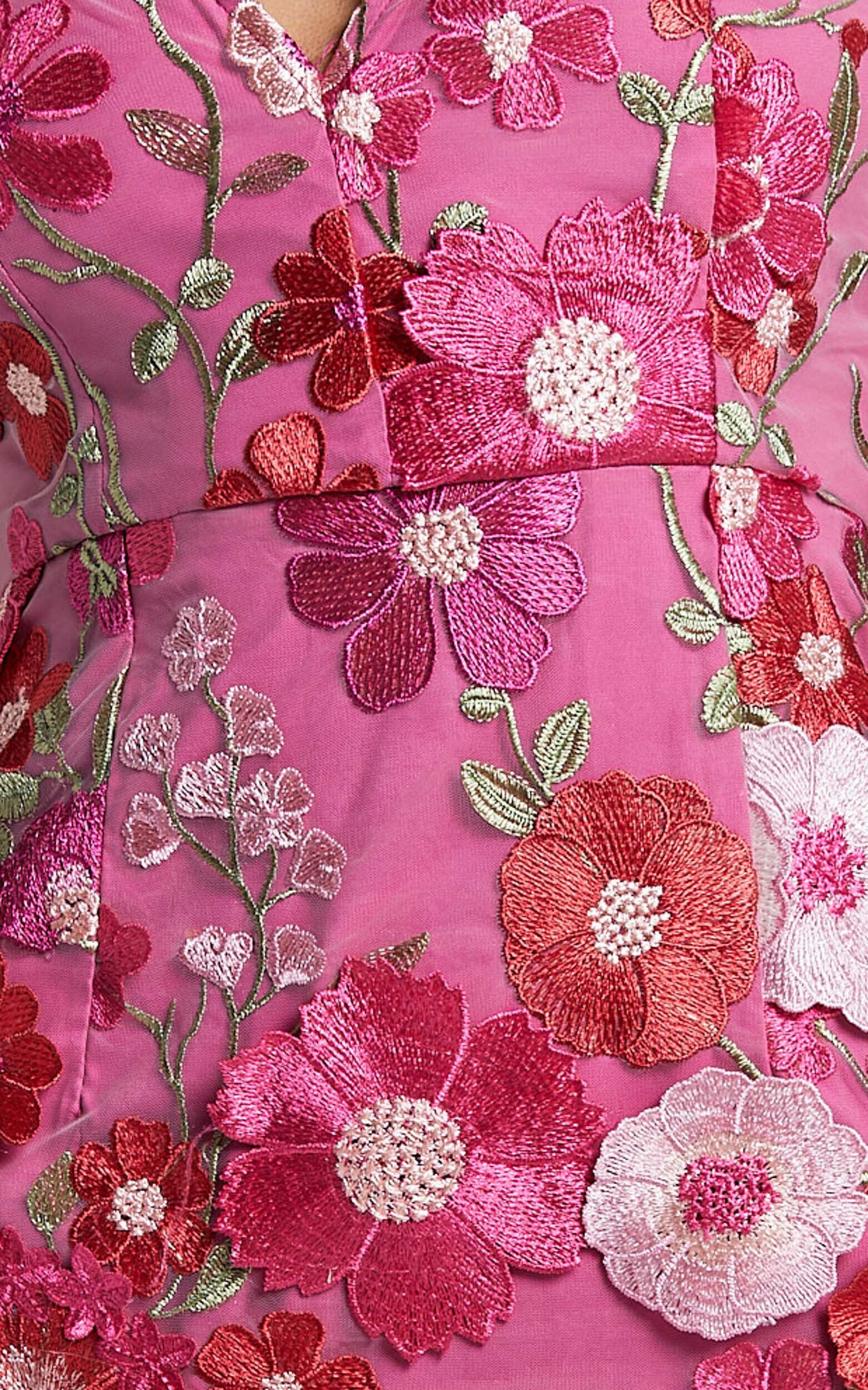 Wren Mini Dress - Puff Sleeve Bodycon 3d Garden Flowers Dress in Magenta