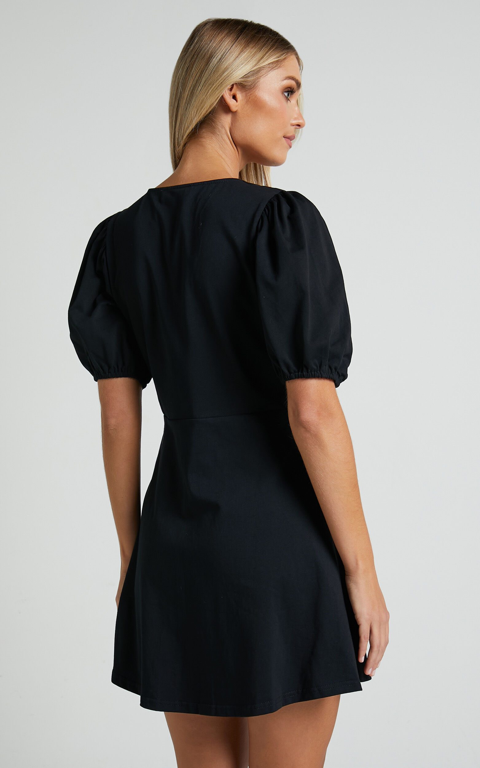 Rochelle Mini Dress - V Neck Button Through Dress in Black