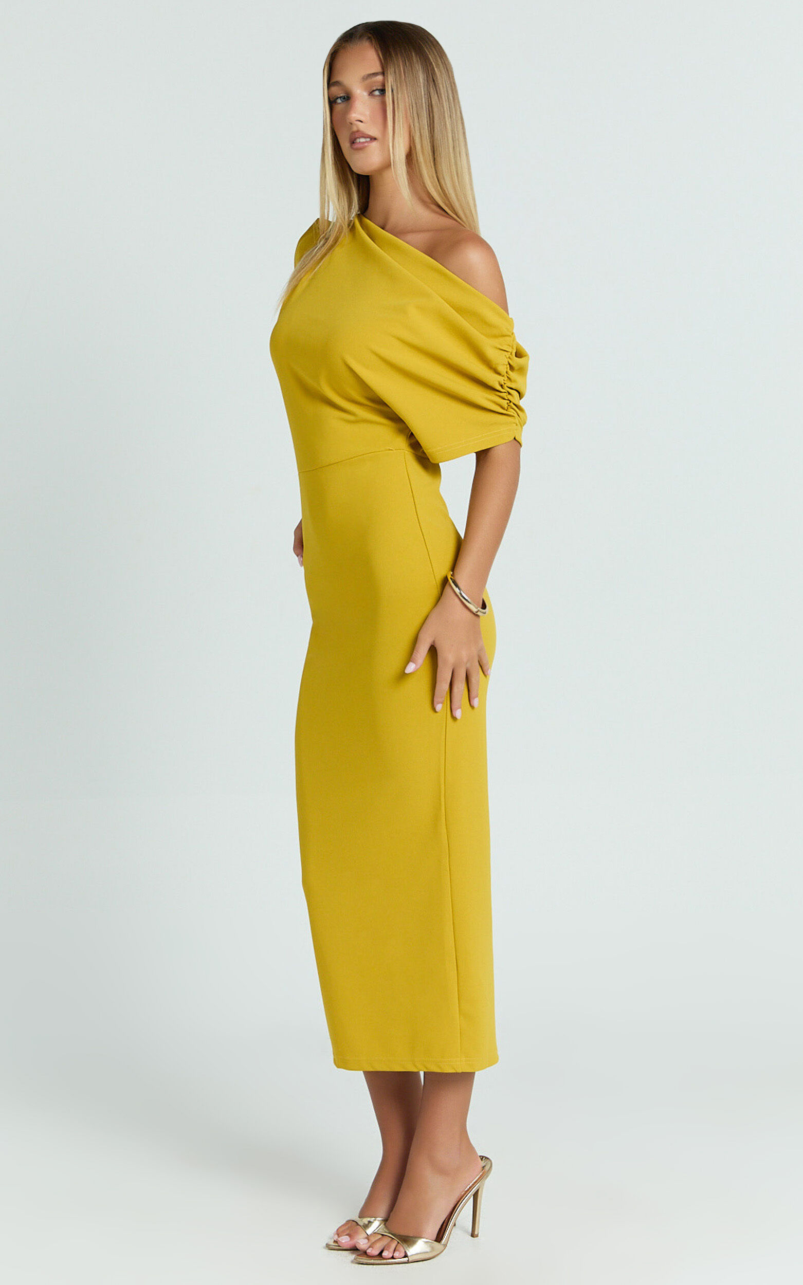 Nalfie Midi Dress - Tipped Shoulder Jersey Drape Dress in Mustard
