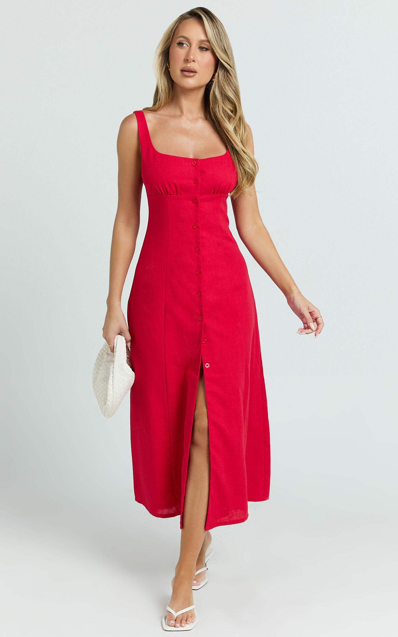 Cameron Midi Dress - Button Front Tie Back Dress in Red