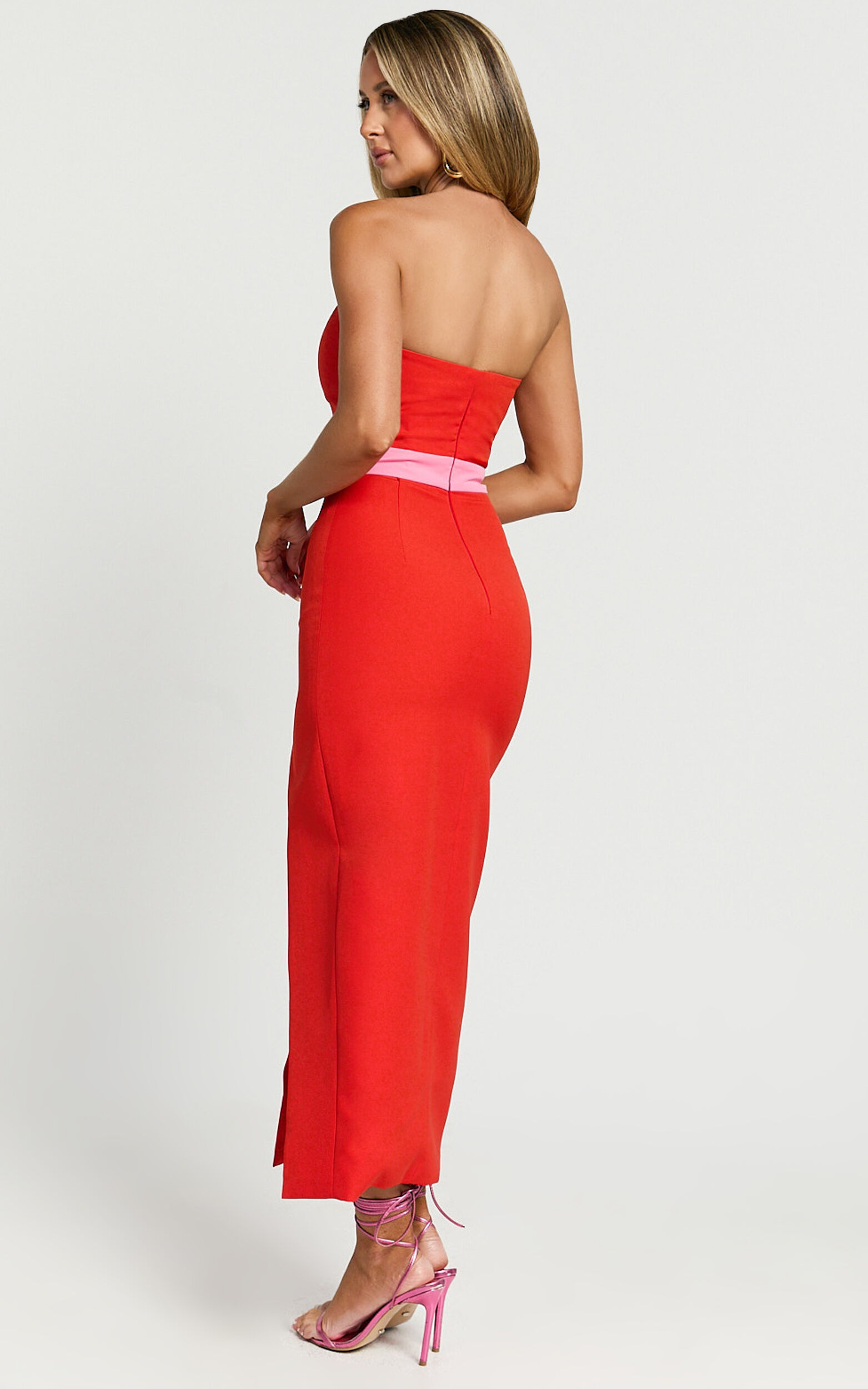 Veronica Midi Dress - Sweetheart Strapless Bow Detail High Split Dress in Red