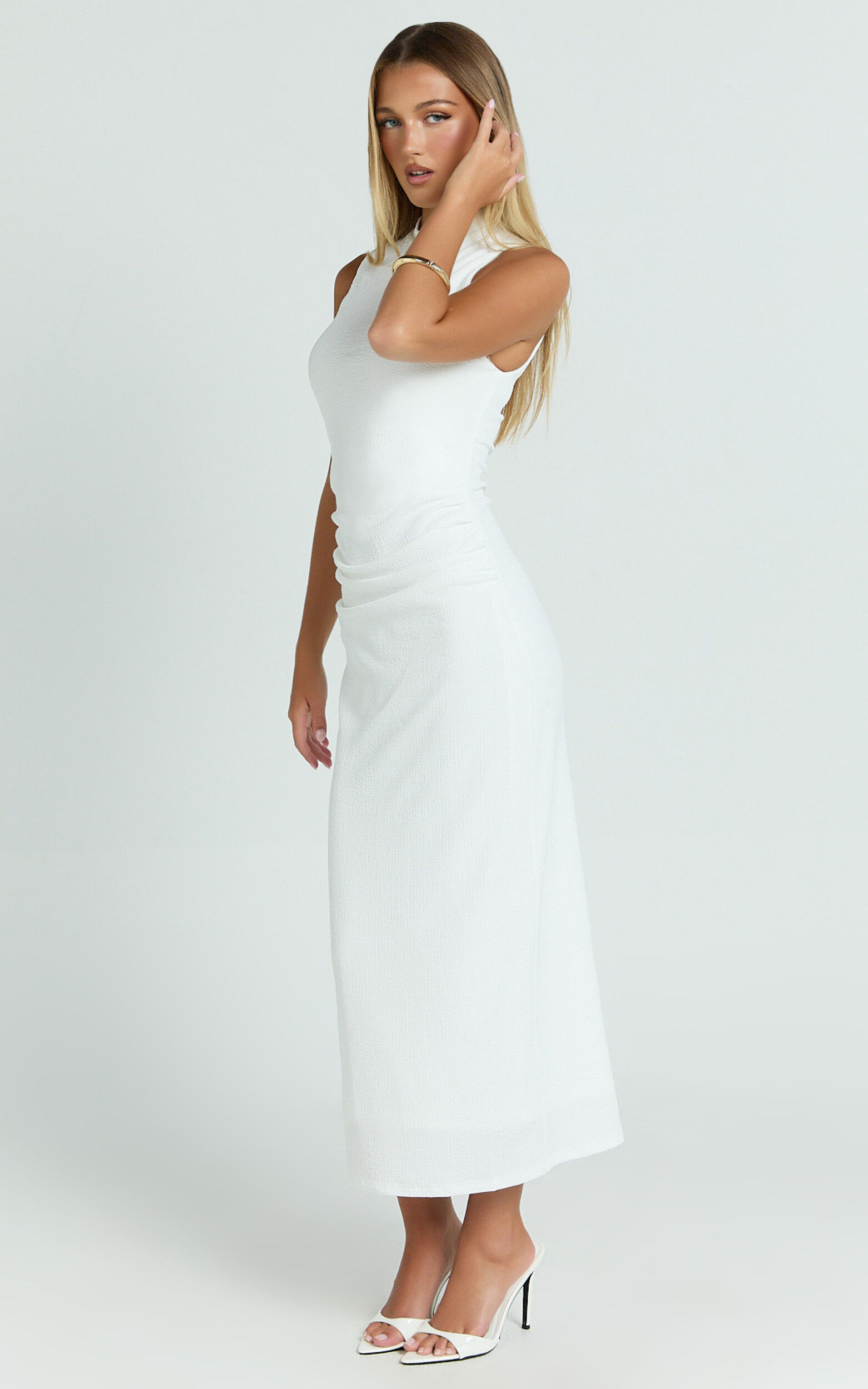 Pamela Midi Dress - High Neck Leg Split Dress in White