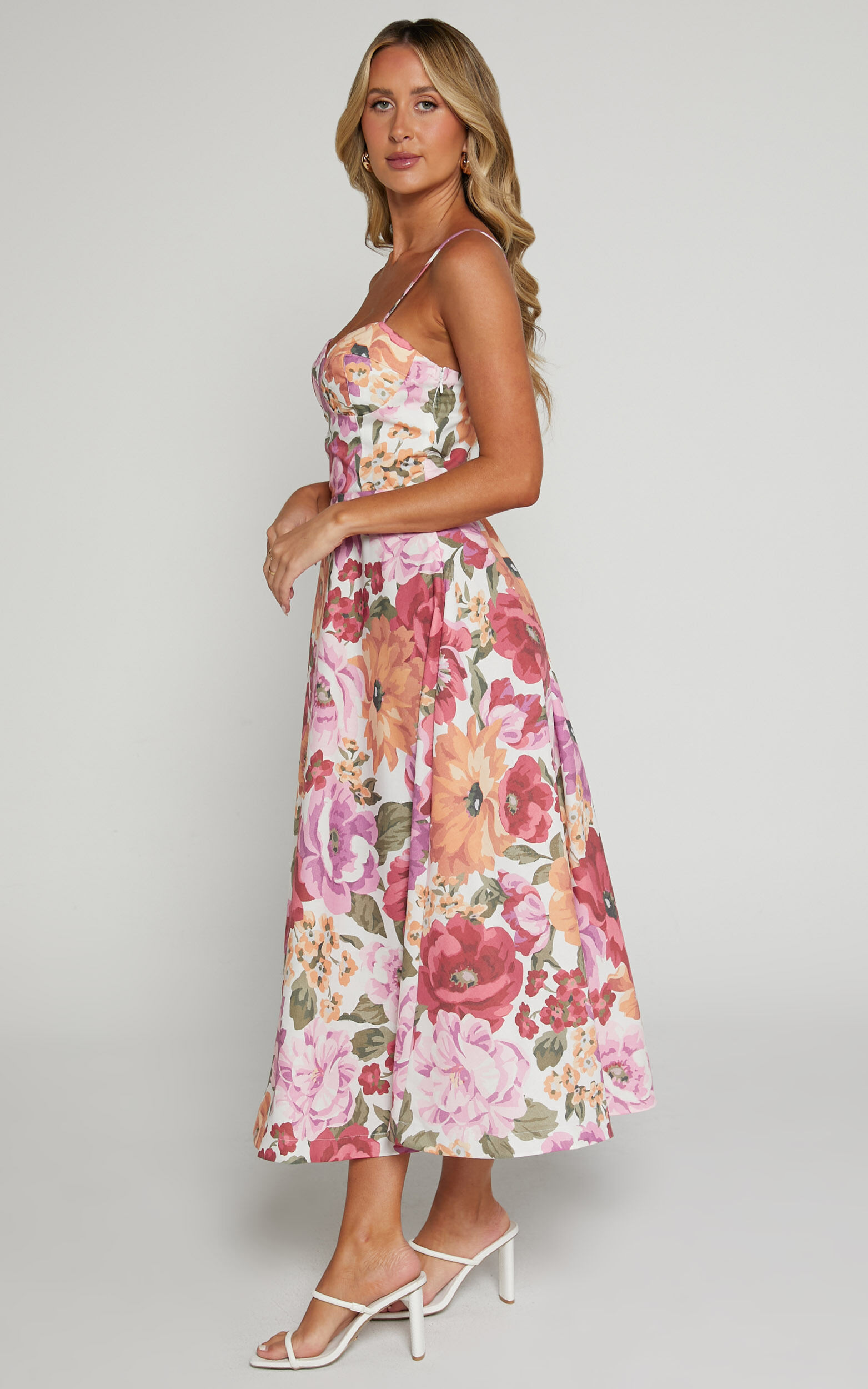 Robertson Midi Dress - Strappy Sweetheart Bustier Flare Dress in Spring Floral