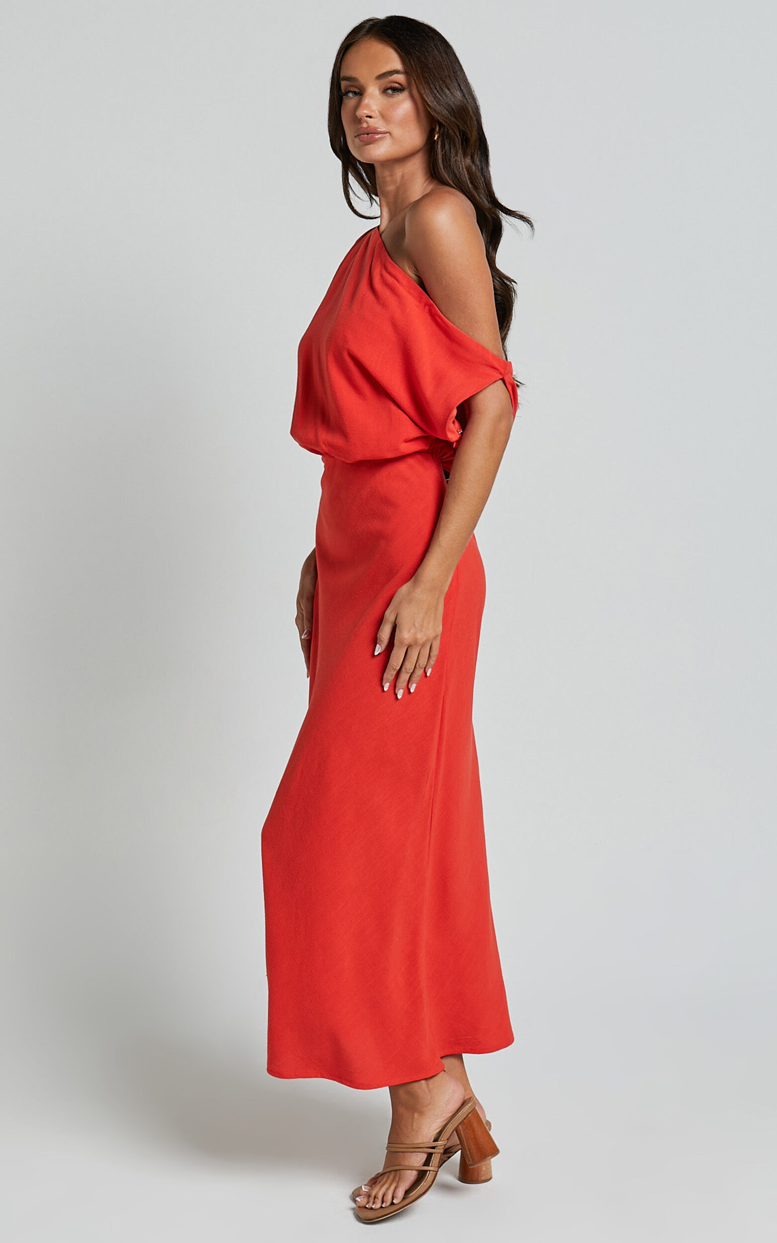 Jacqueline Midi Dress - Linen One Shoulder Dress in Sunset