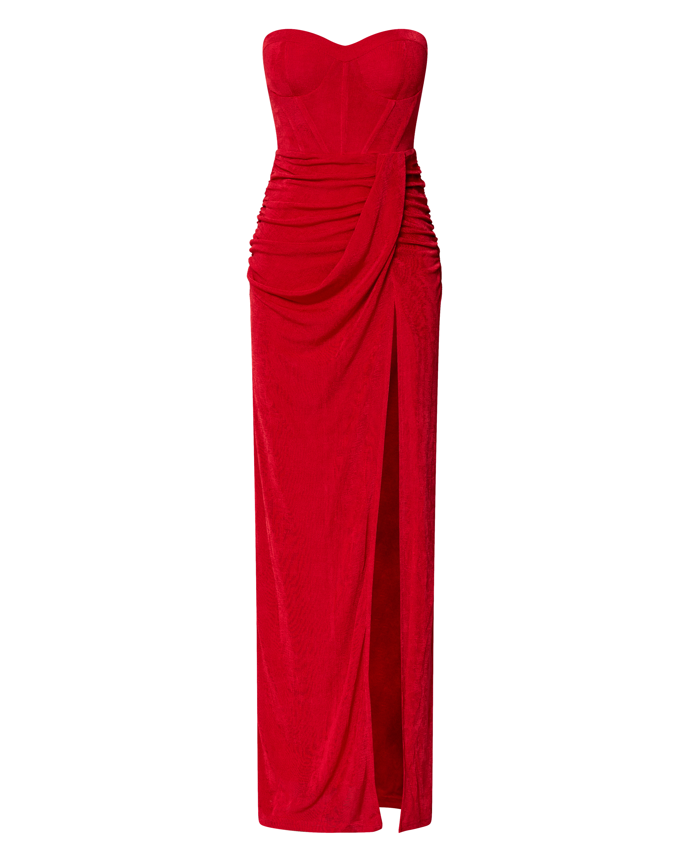 Brydie Maxi Dress - Strapless Corset Draped High Split Dress in Red