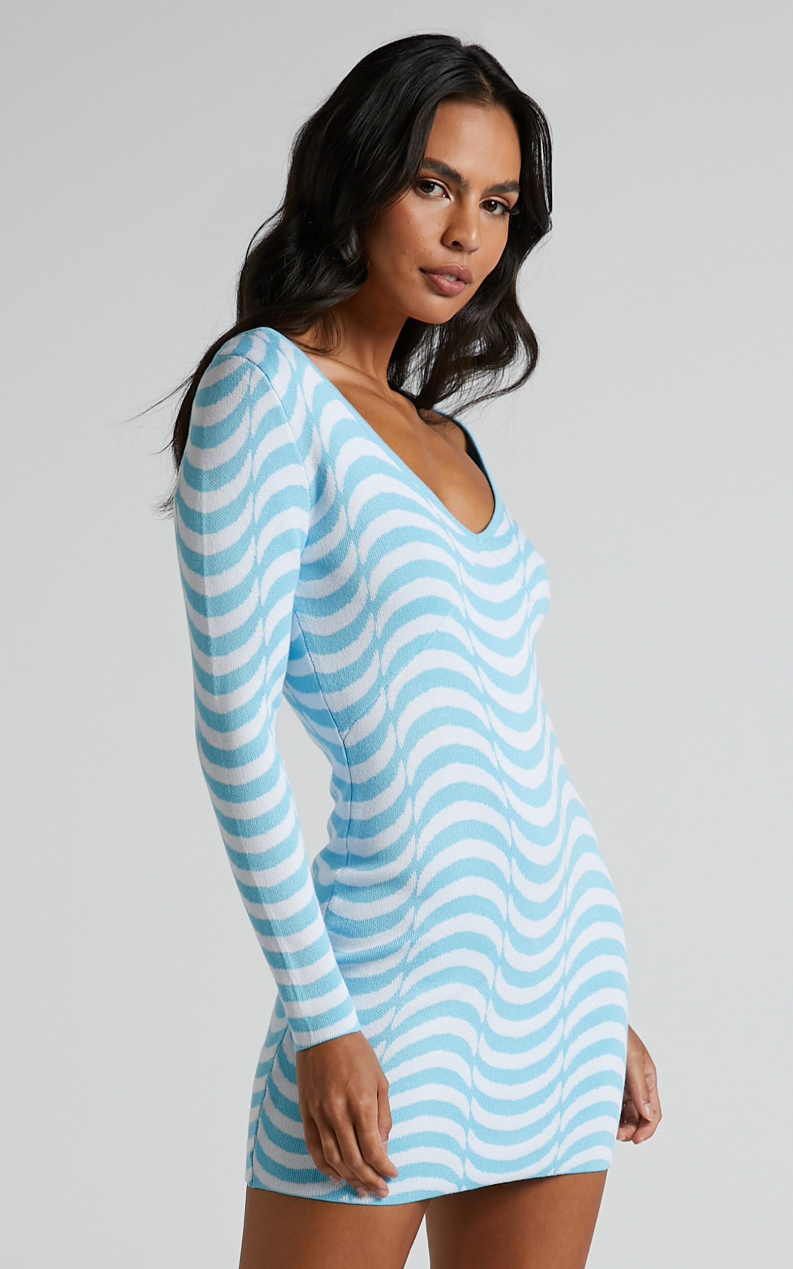 Lizia Mini Dress - Intarsia V Neck Long Sleeve Bodycon Dress in Wavy Stripe
