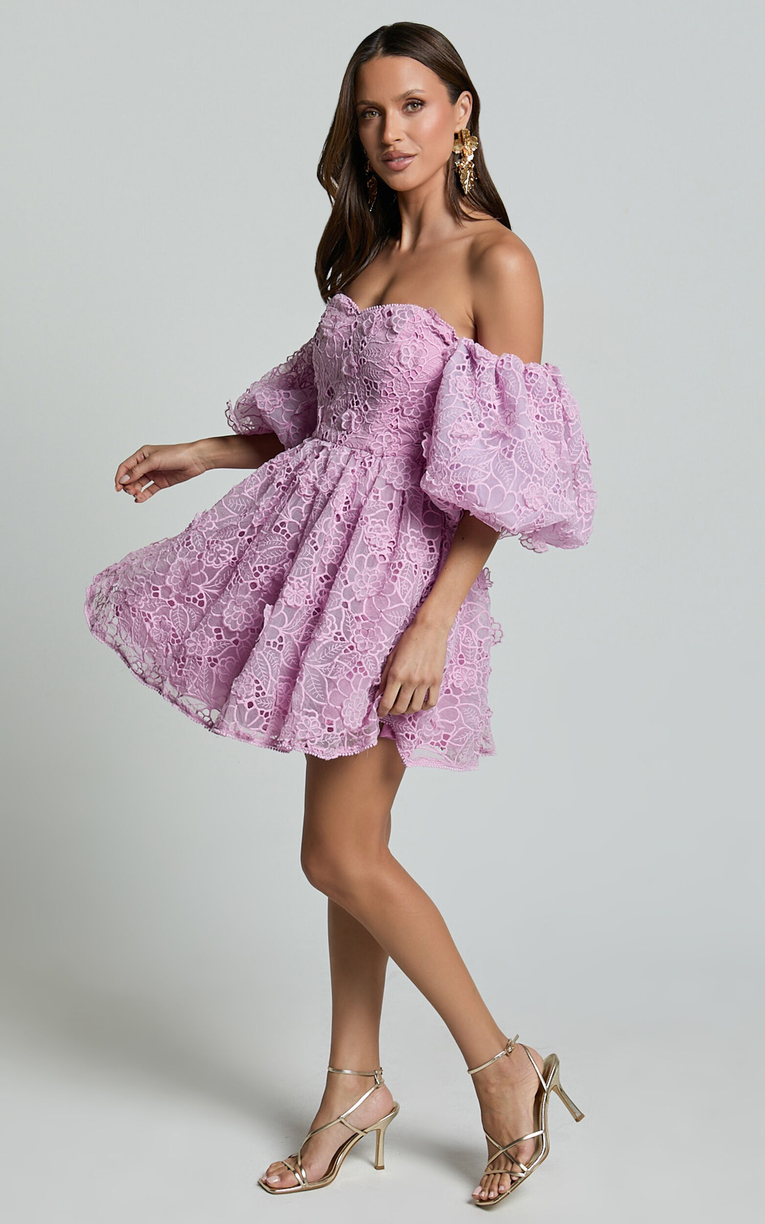 Amalie The Label - Lorena Sweetheart Off Shoulder Puff Sleeve Mini Dress in Purple