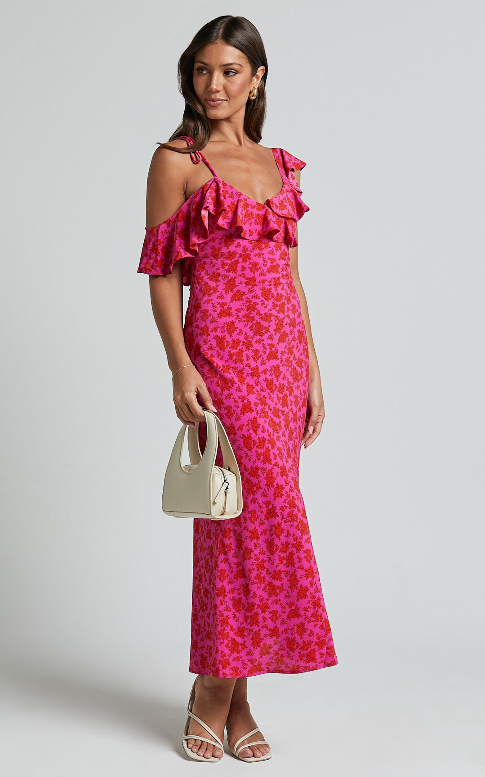 Giulia Midi Dress - One Shoulder Frill Detail Dress in Pink Floral