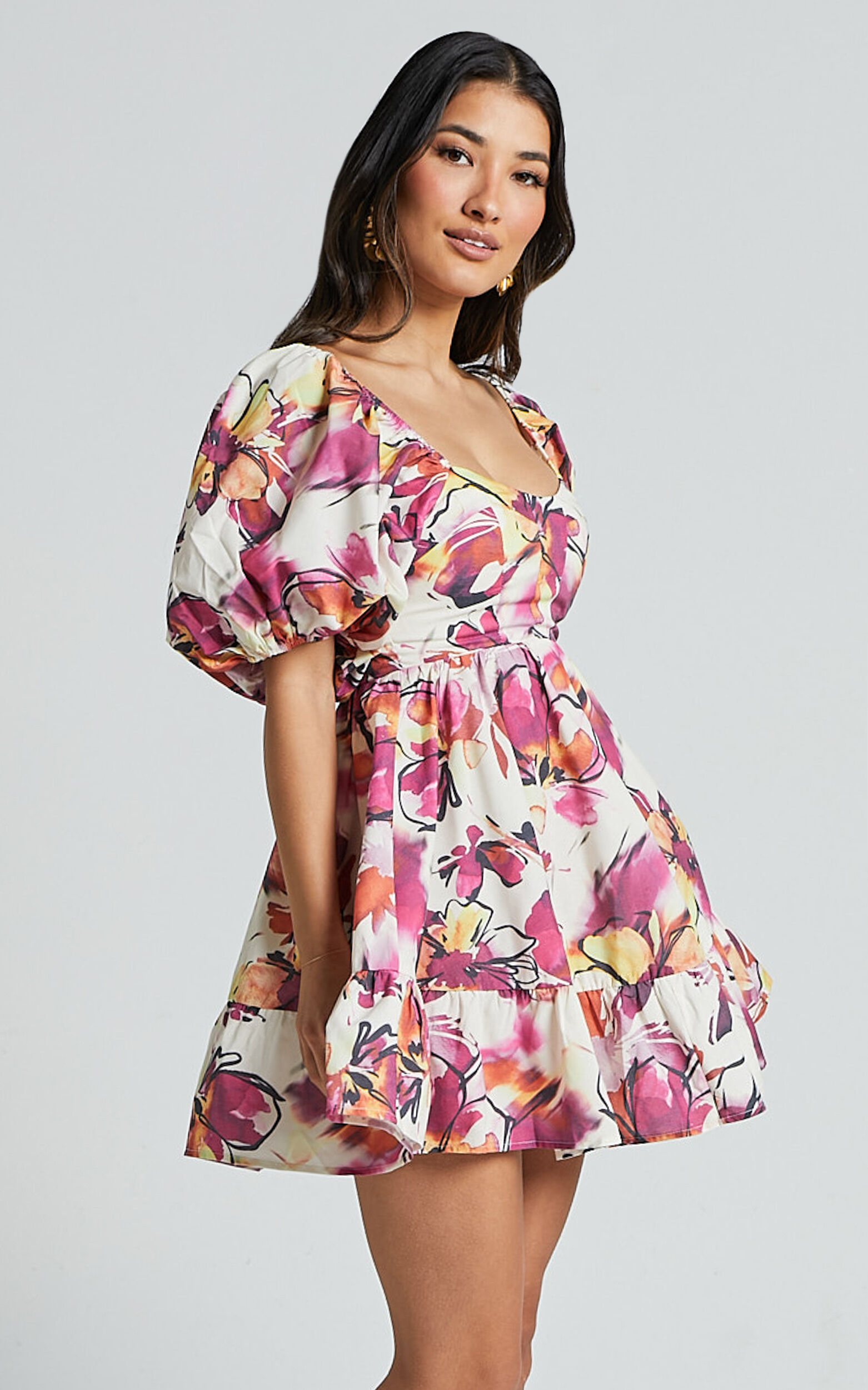 Gretchen Mini Dress - Puff Sleeve Babydoll Dress in Dahlia Dusk Floral