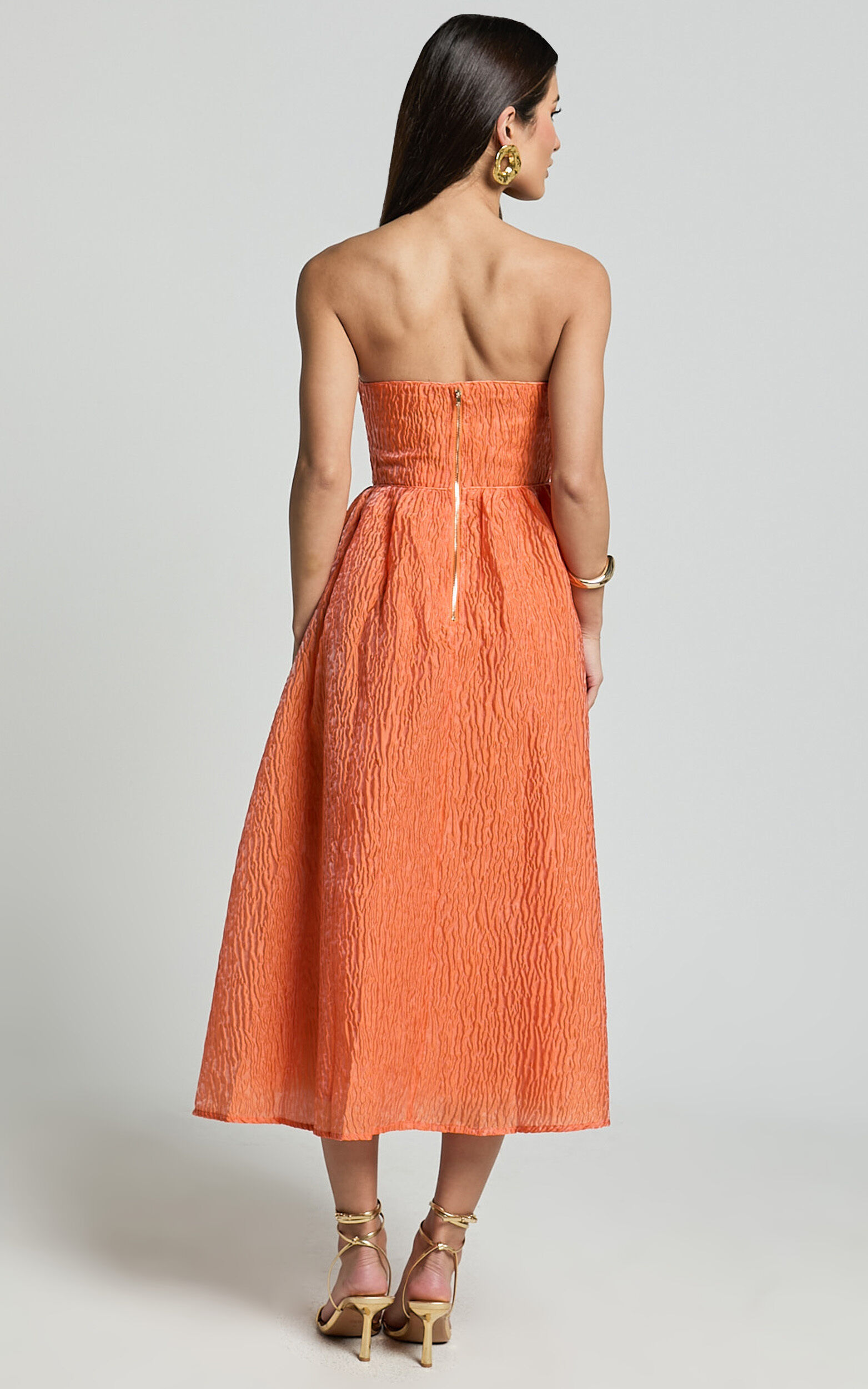 Remy Midi Dress - Strapless Bustier Flare Dress in Orange