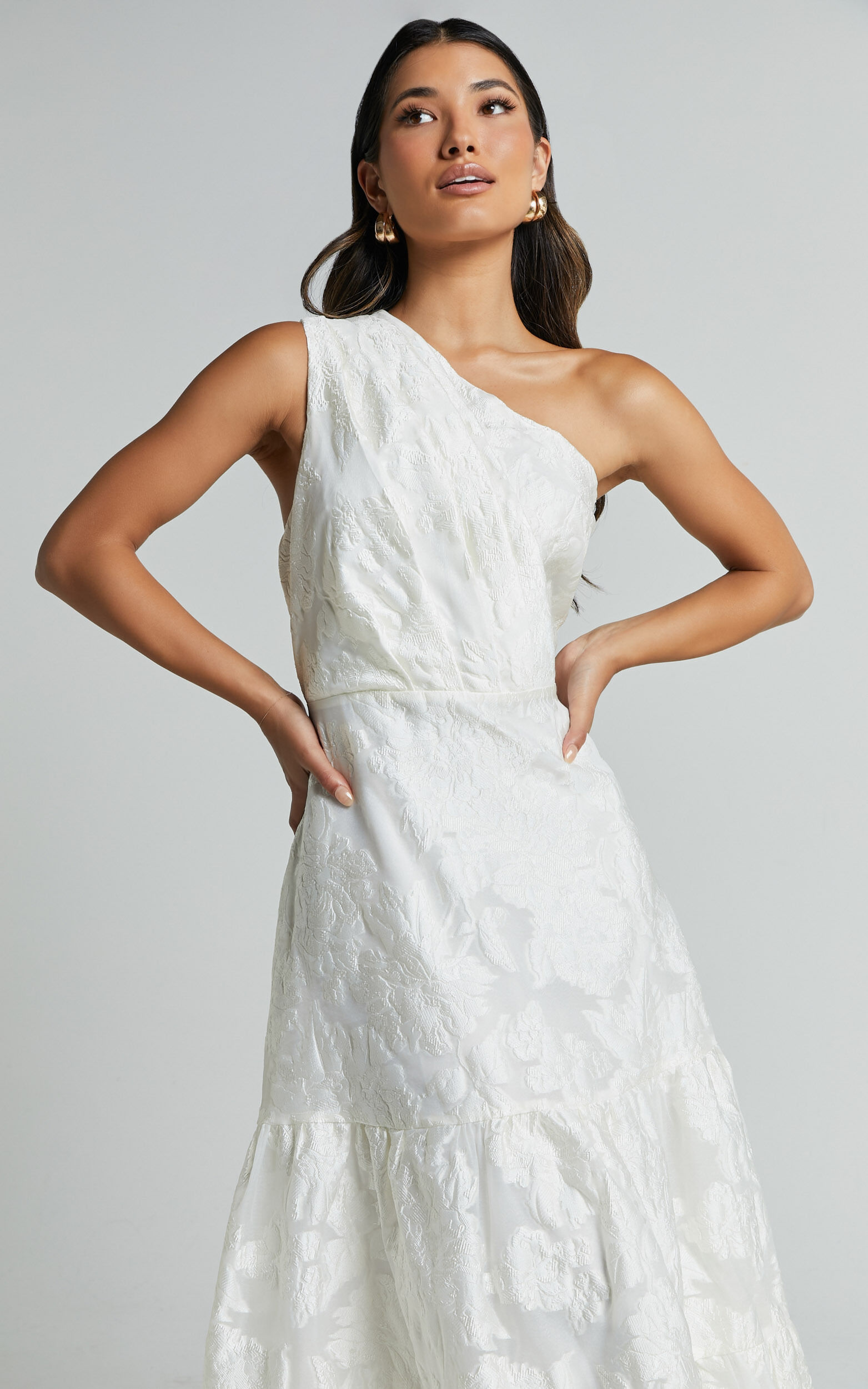 Nadette Midi Dress - One Shoulder Pleated Tiered Dress in White