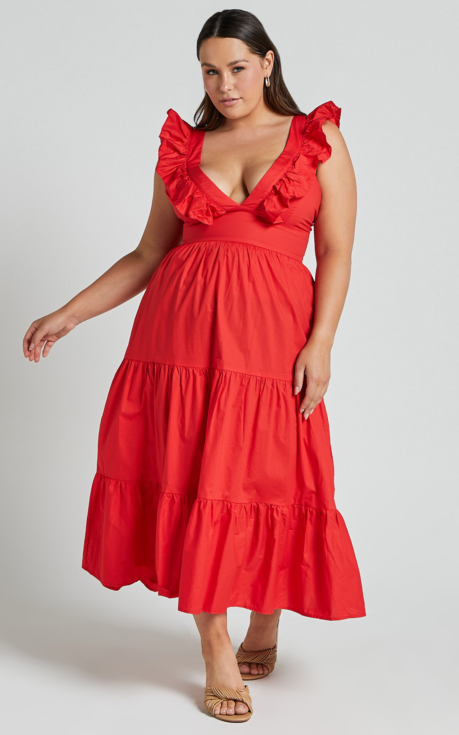 Levona Midi Dress - Ruffle Shoulder Tiered Dress in Cherry Tomato