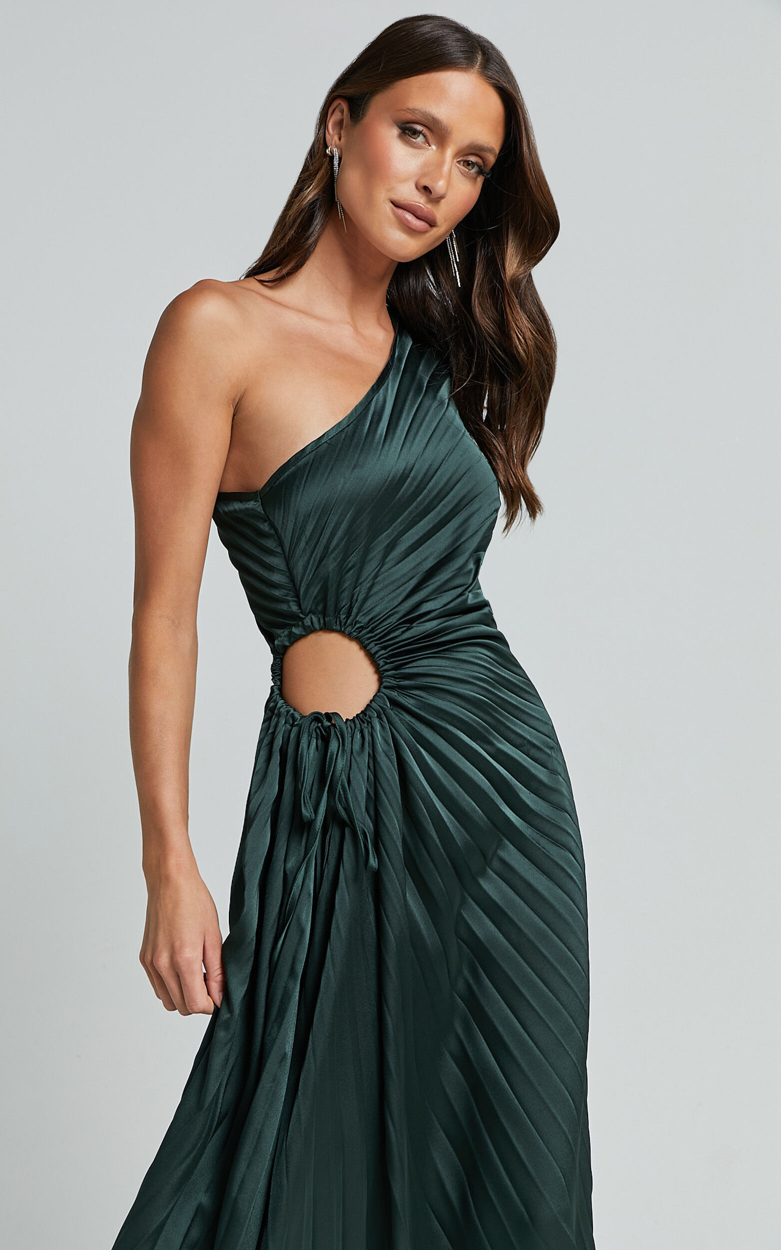 Kitsune Maxi Dress - One Shoulder Cut Out Dress in Emerald Green