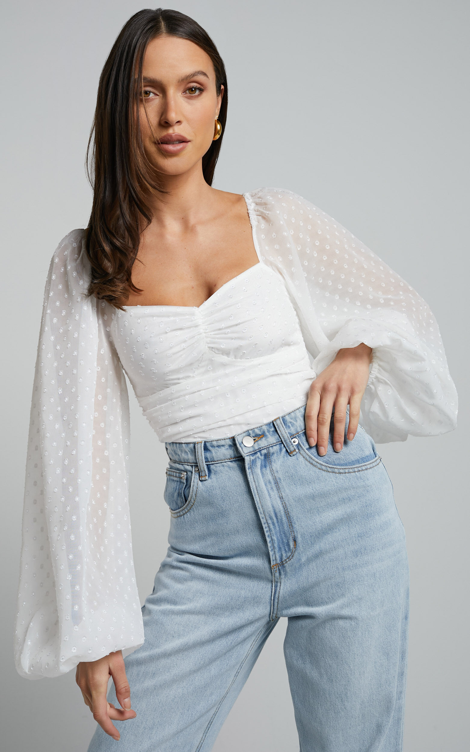 Conny Bodysuit - Spotted Balloon Sleeve Sweetheart Bodysuit in Ivory