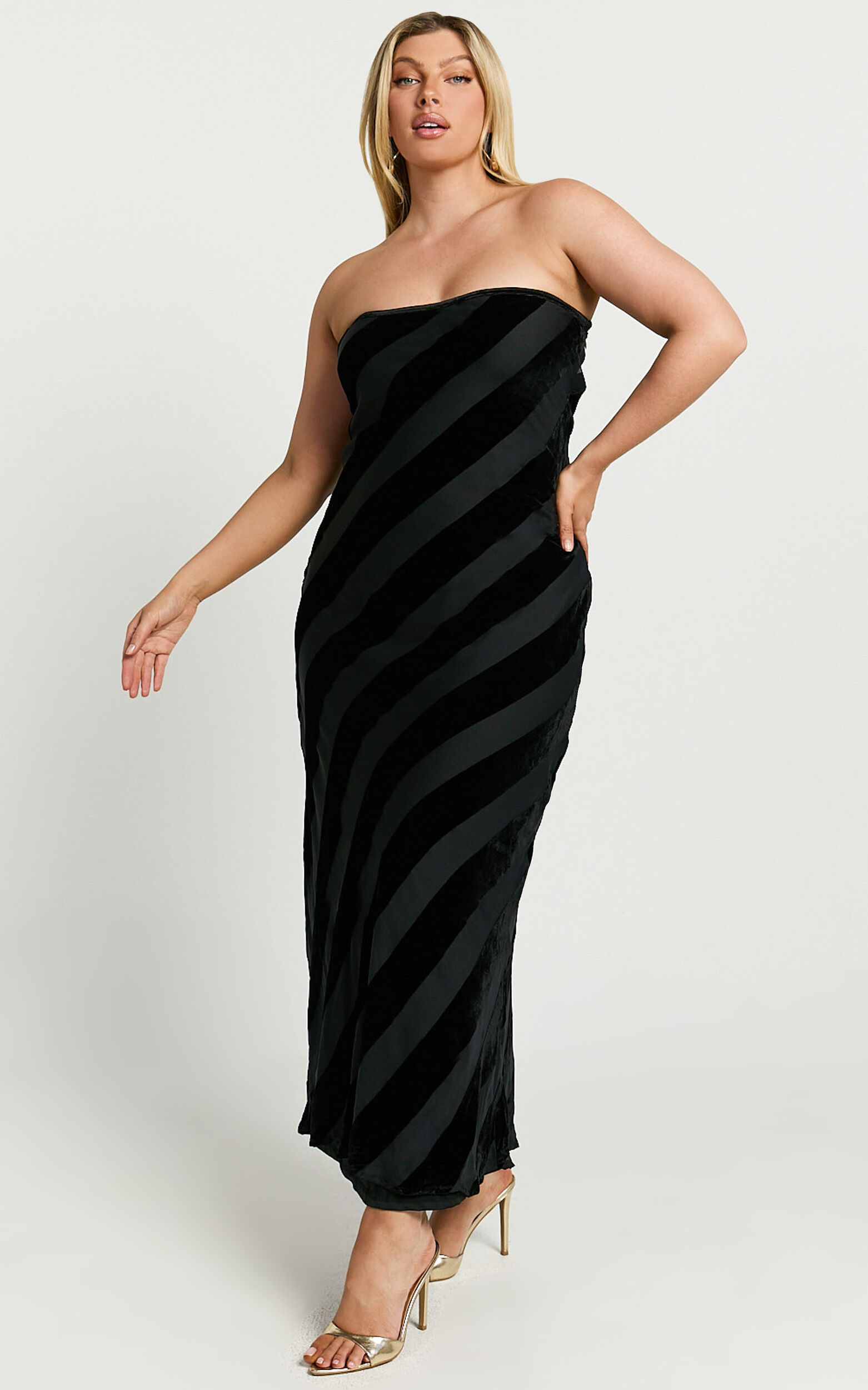 Genevieve Midi Dress - Strapless Stripe Burnout Dress in Black Stripe