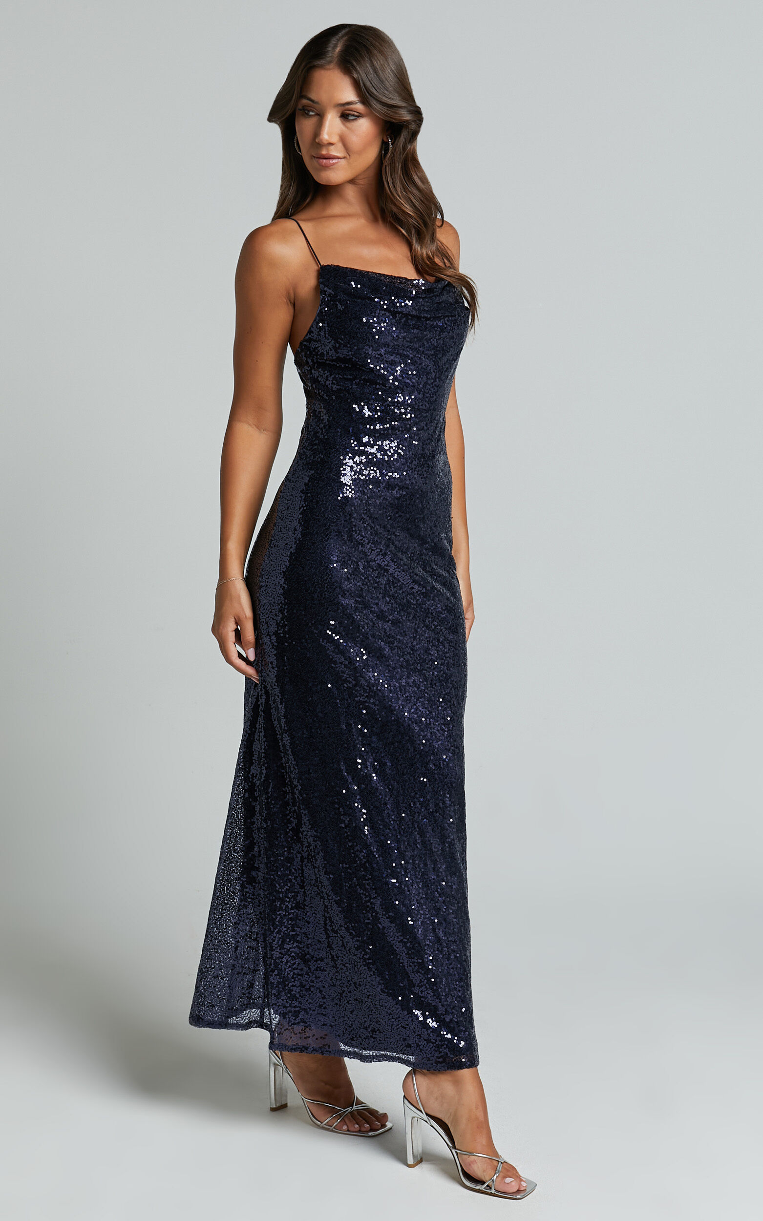 Cynthie Midi Dress - Strappy Cowl Neck Sequin Slip Dress in Navy