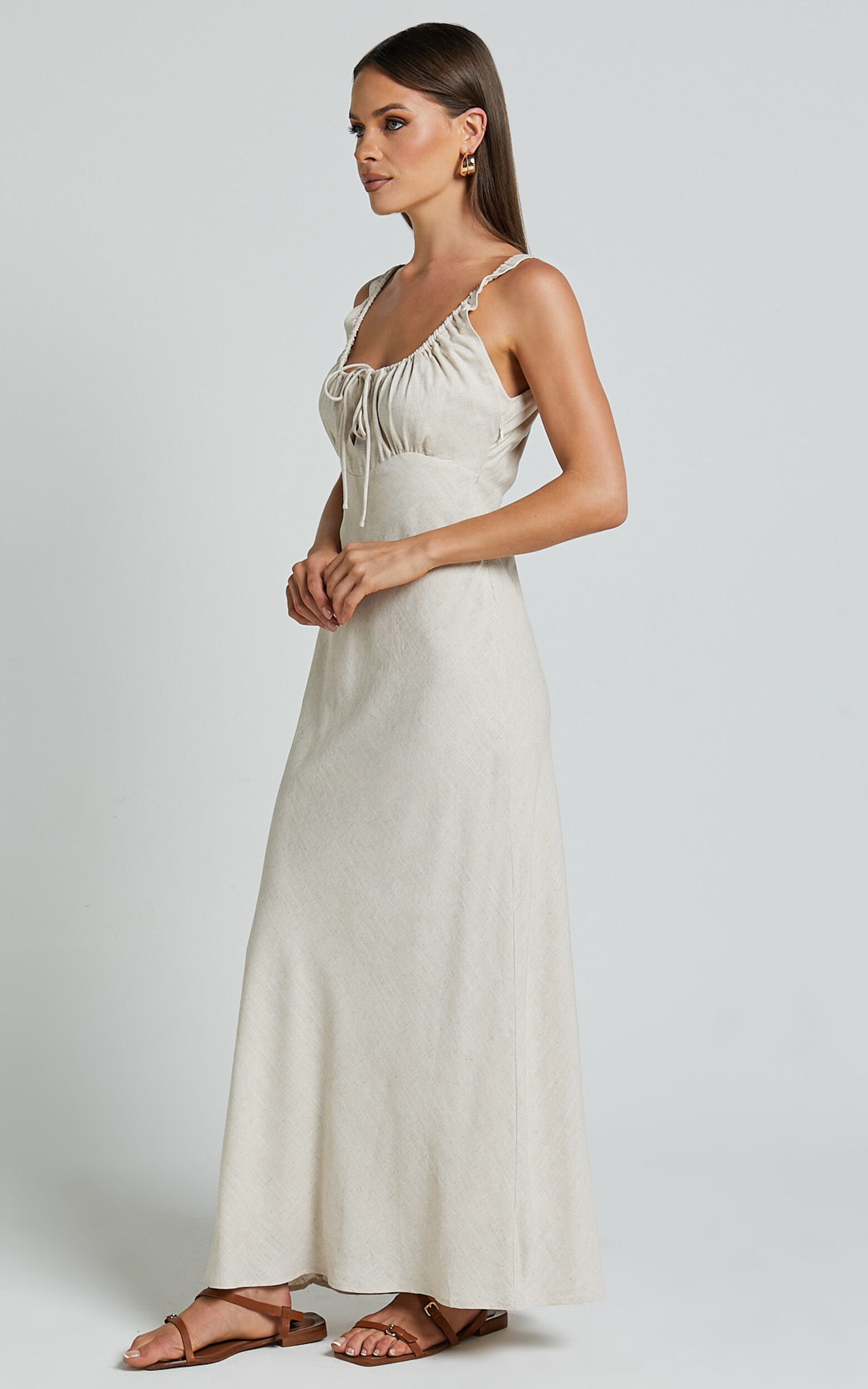 Lucas Midi Dress - Ruched Bust Linen Dress in Natural
