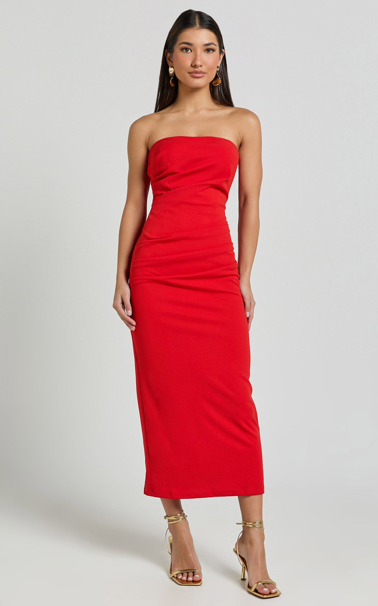 Calanthe Midi Dress - Strapless Tuck Detail Dress in Red