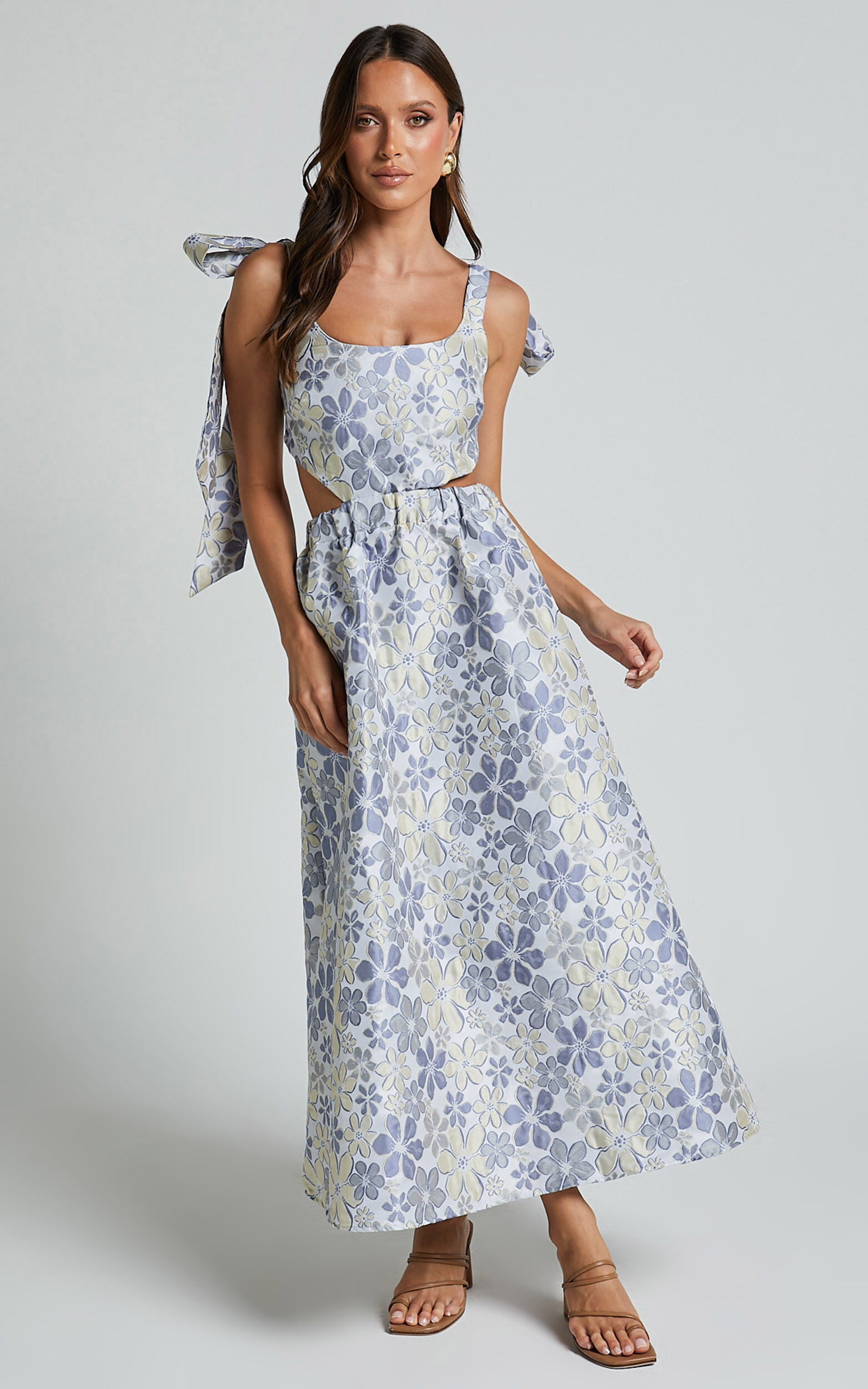 Briella Midi Dress - Adjustable Strap Side Cut Out A Line Dress in Blue