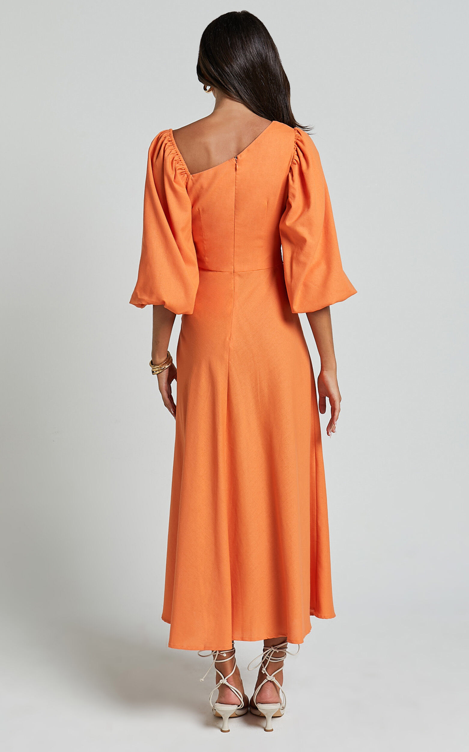 Rhyne Midi Dress - Asymmetric Puff Sleeve Side Cut Out A Line Dress in Papaya