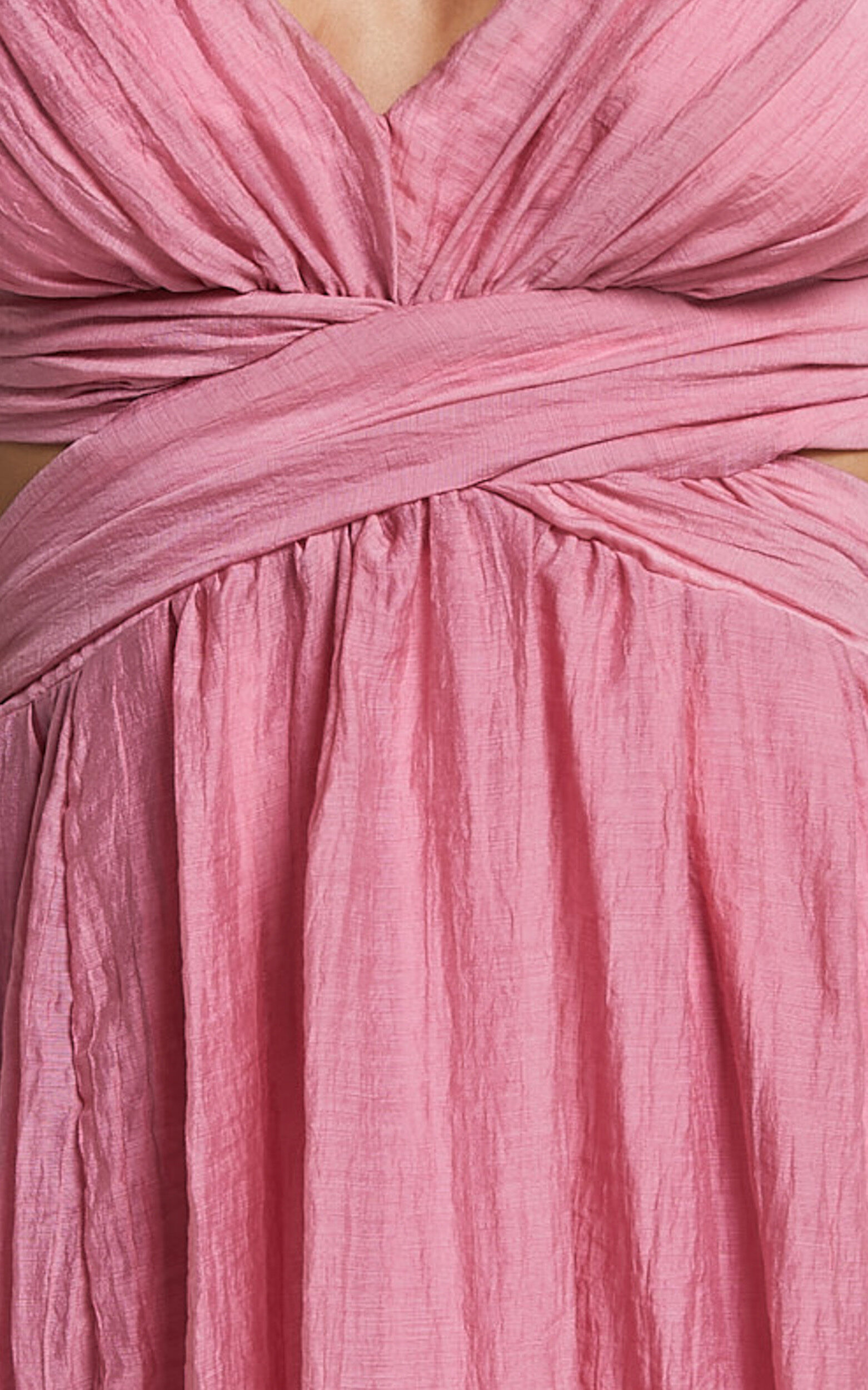 Marielly Midi Dress - Side Cut Out V Neck Ruffle Detail Sleeve Dress in Pink