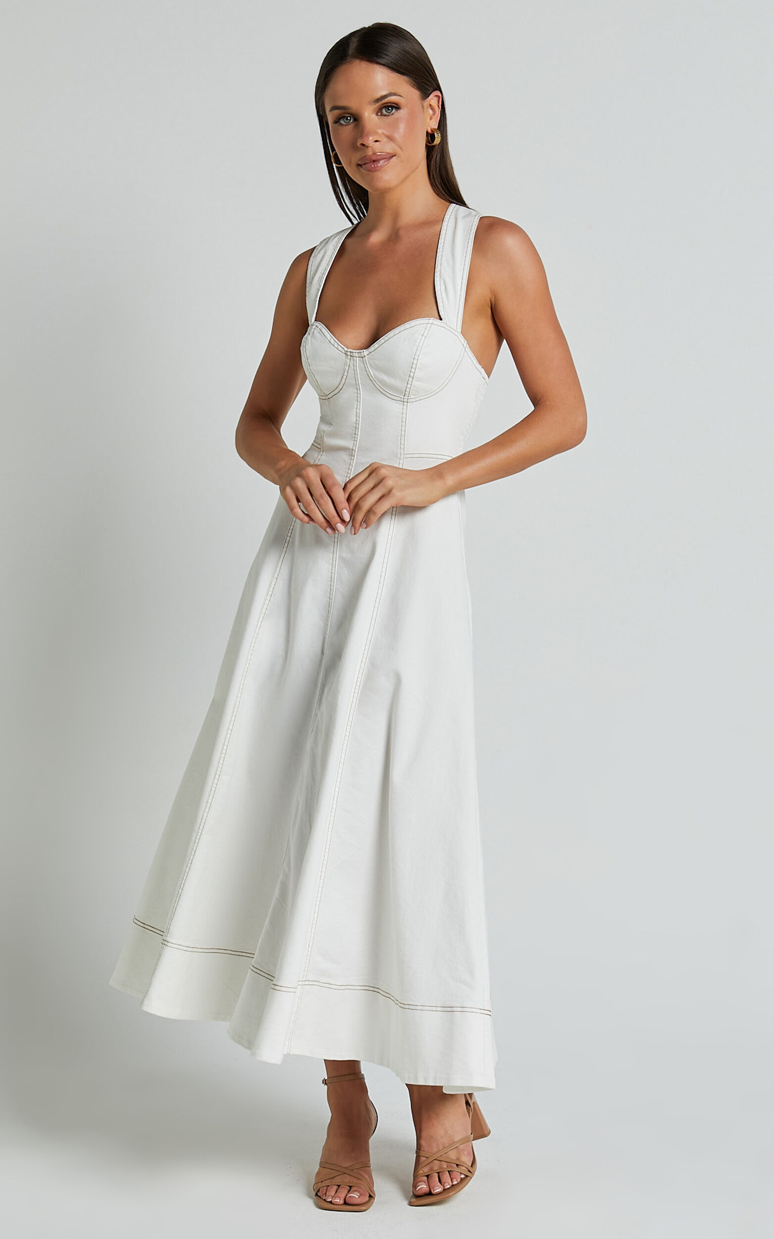 Edeline Midi Dress - Wide Strap Sweetheart Bust Dress in White