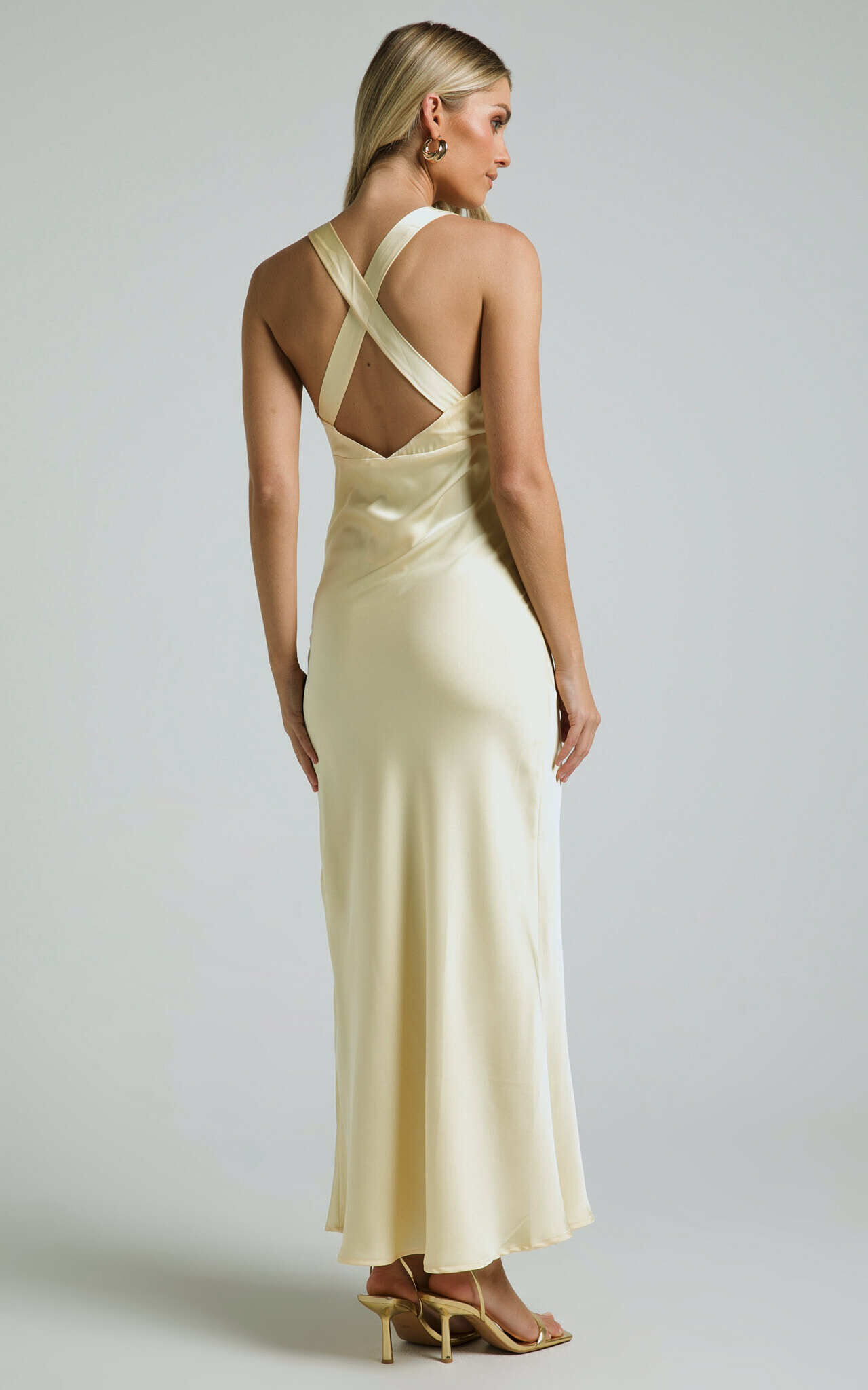 Khalani Midi Dress - Deep V Neck Satin Slip Dress in Butter Yellow
