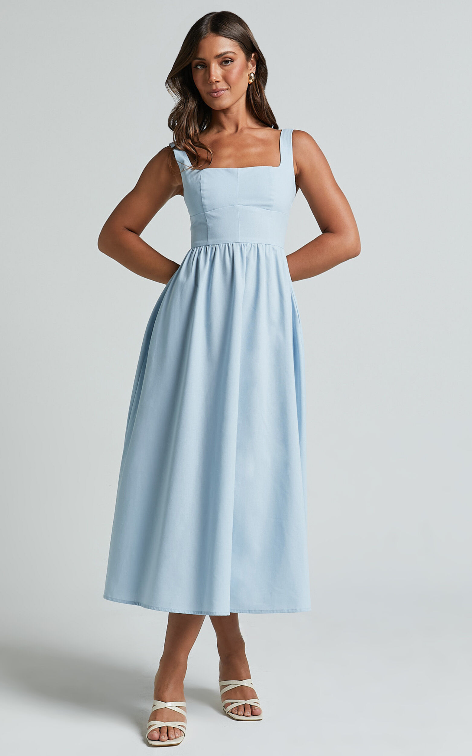 Khari Midi Dress - Linen Look Square A Line Dress in Blue