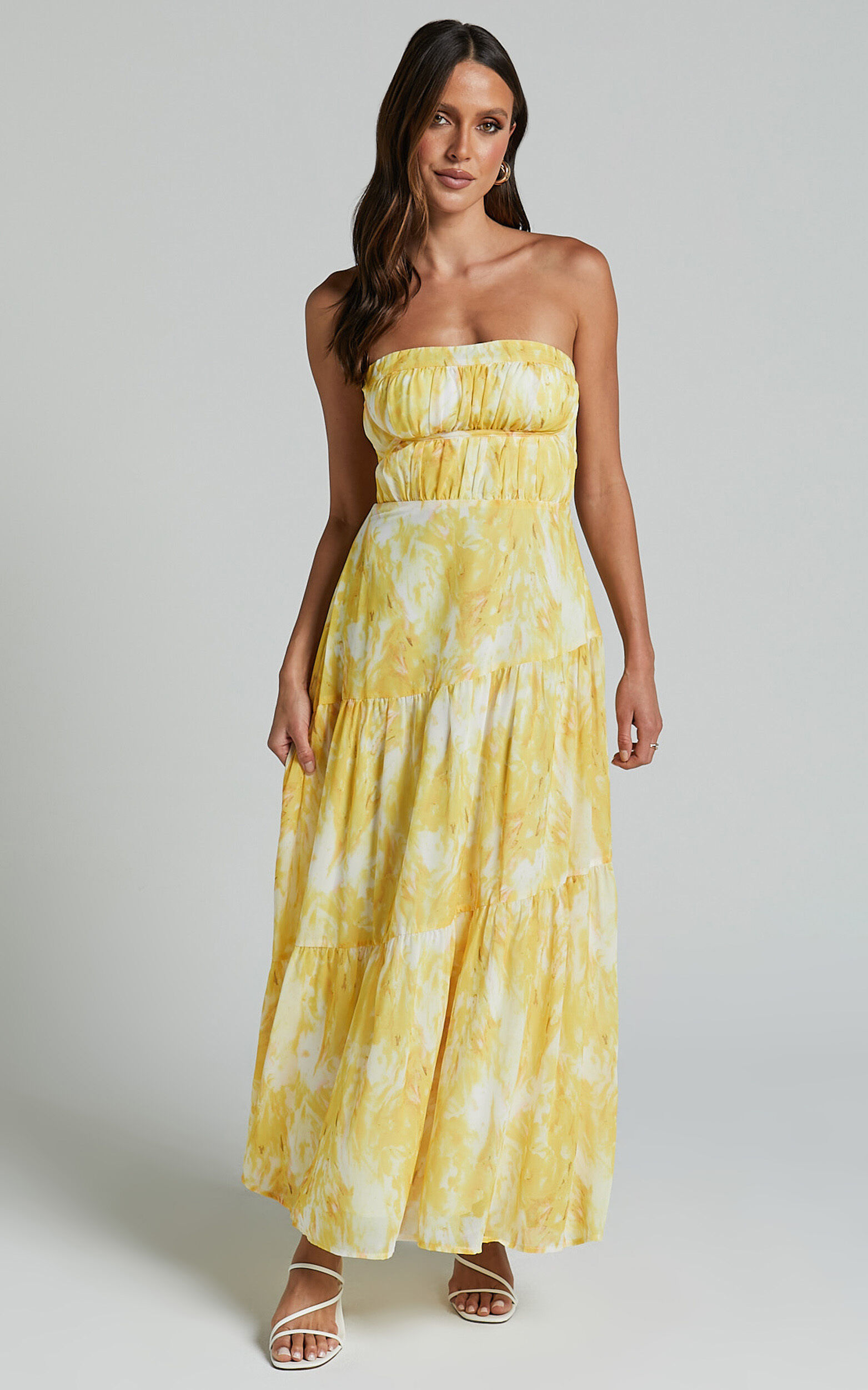 Cardelyn Midi Dress - Strapless Tiered Dress in Yellow Floral