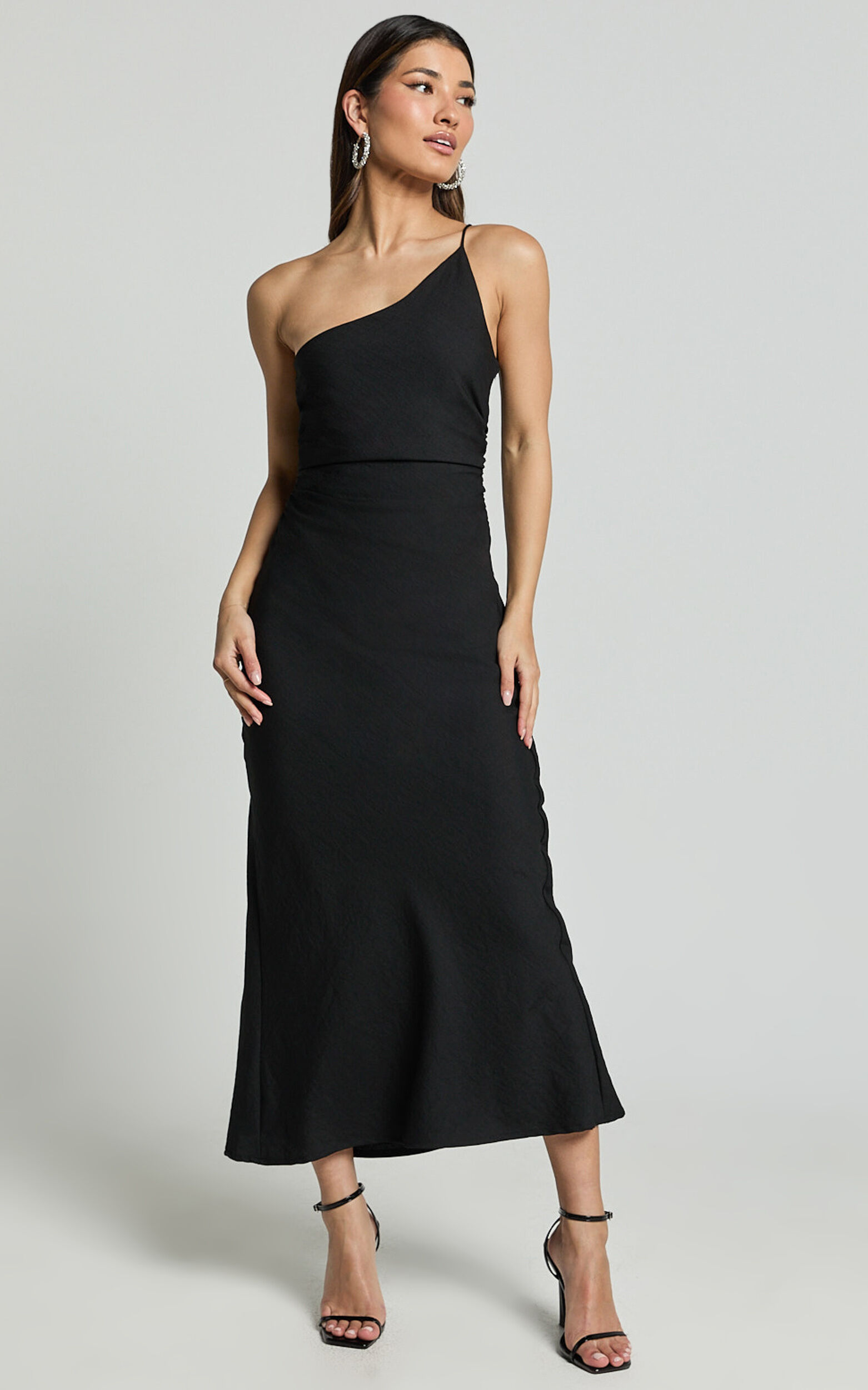 Devon Maxi Dress - One Shoulder Slip Dress in Black