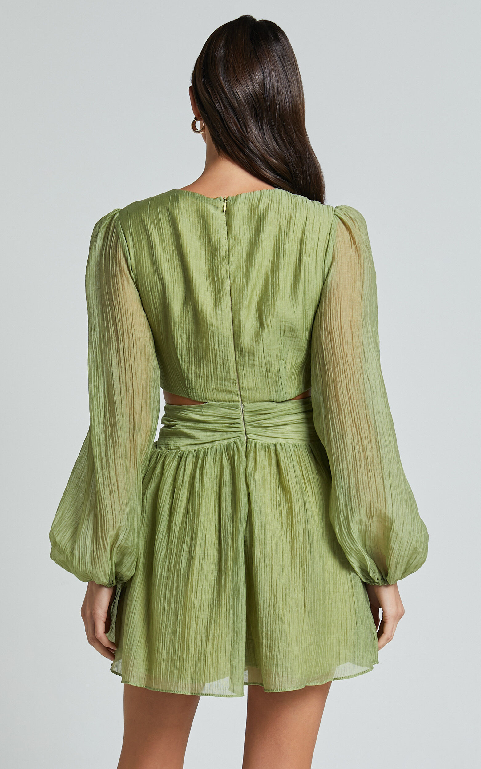 Casey Mini Dress - Plunge Neck Puff Long Sleeve Dress in Sage