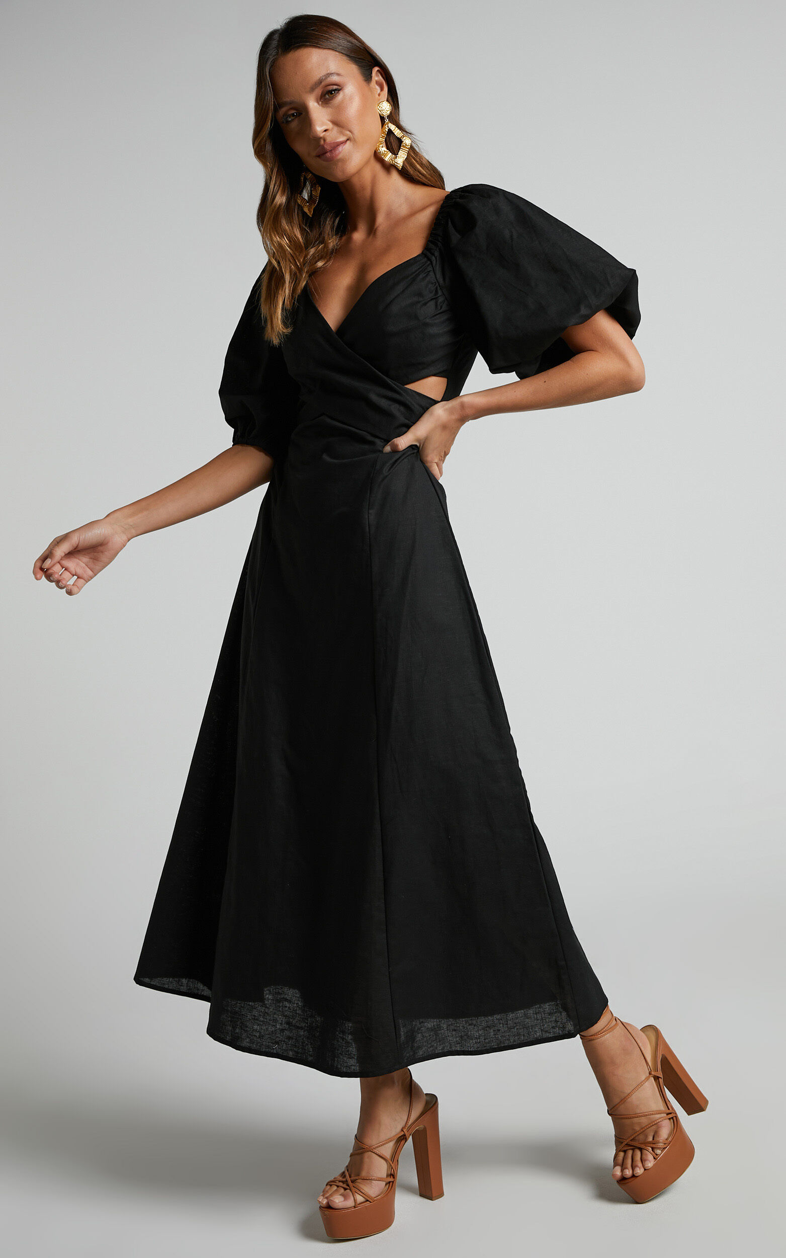 Amalie The Label - Janae Linen Blend Puff Sleeve Cut Out Midi Dress in Black