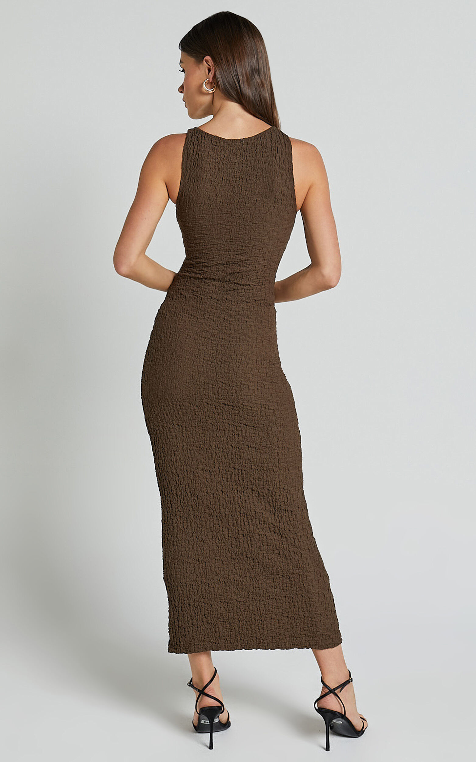 Alesia Maxi Dress - High Neck Sleeveless Bodycon Dress in Chocolate