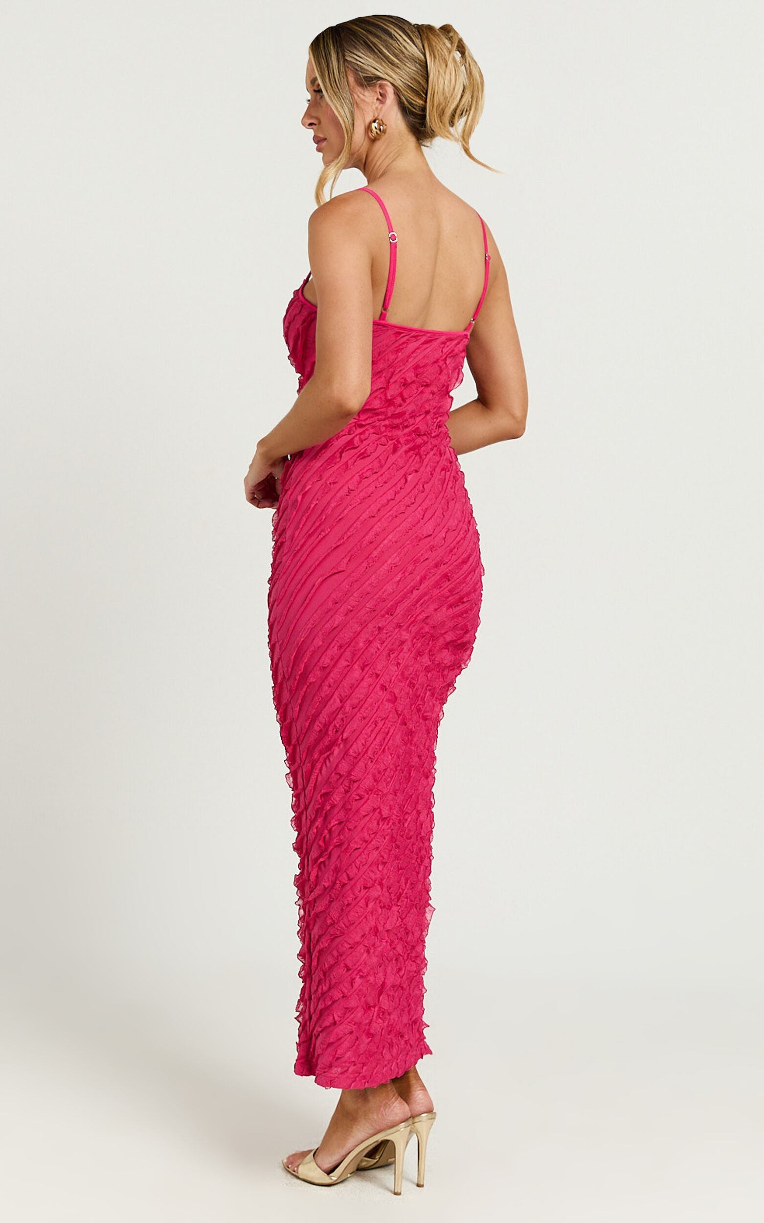 Lilibeth Midi Dress - Strappy Frill Detail Slip Dress in Pink