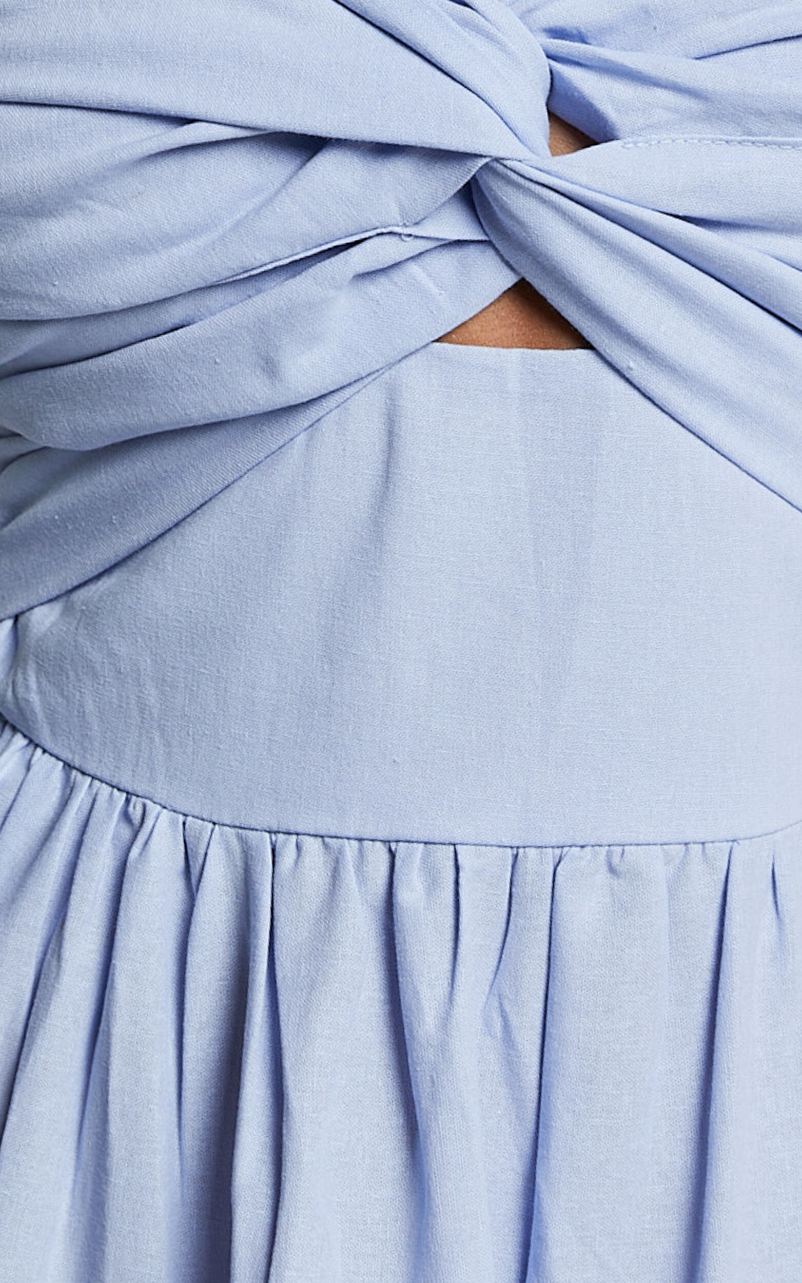 Leticia Midi Dress - Twist Front Tie Strap Tiered Dress in Pale Blue