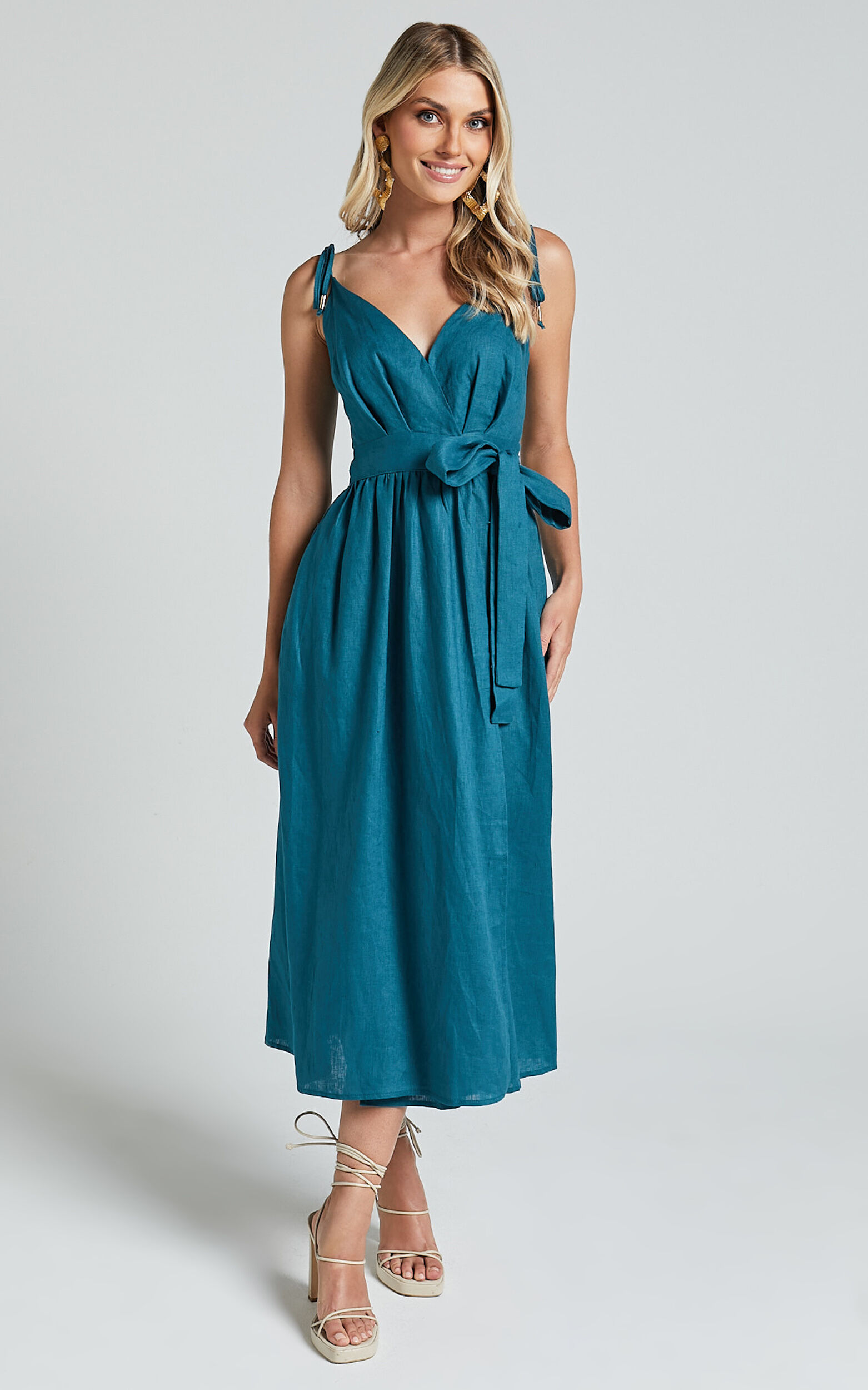 Amalie The Label - Siena Linen Tie Shoulder Wrap Midi Linen Dress in Moss