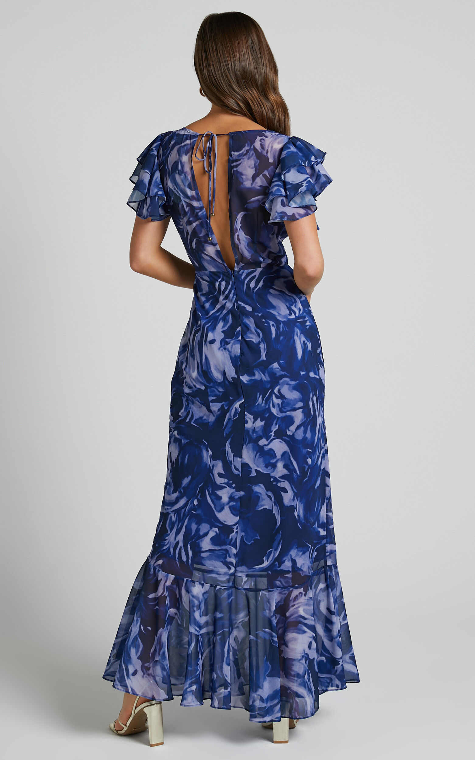 Dylana Midi Dress - V Neck Flutter Sleeve Dress in Navy Swirl