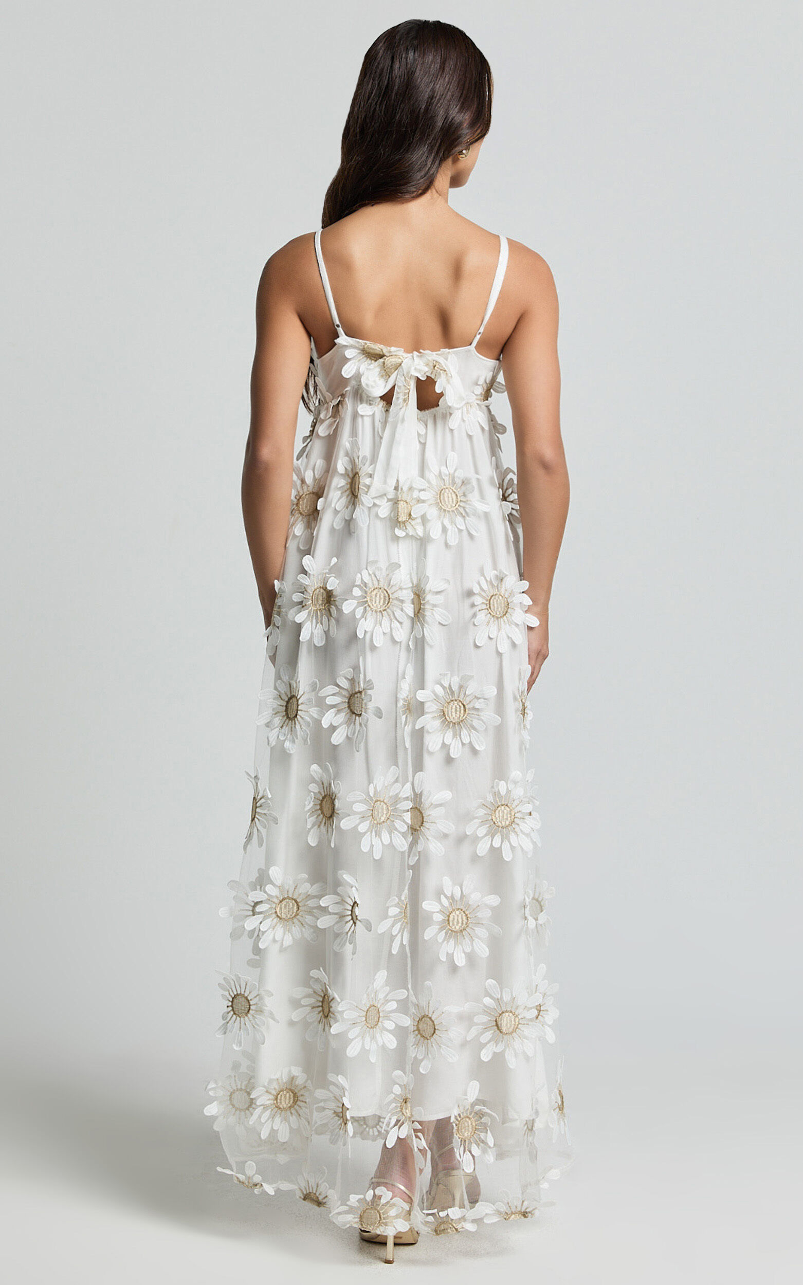 Candice Midi Dress - Straight Neck Floral Embroidery Detail Shift Dress in White