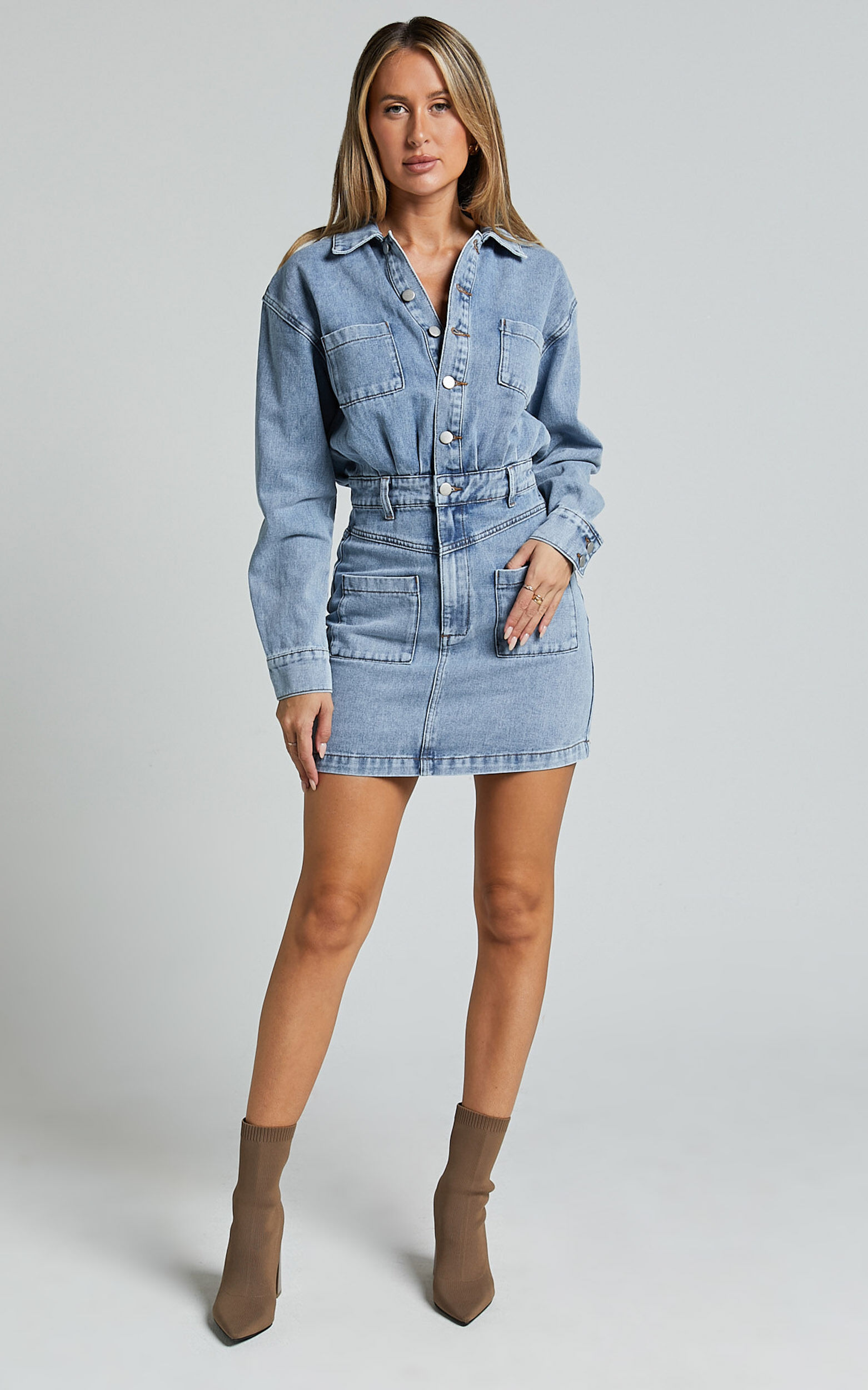 Kamala Mini Dress - Long Sleeve Button Through Denim Dress in Light Blue Wash