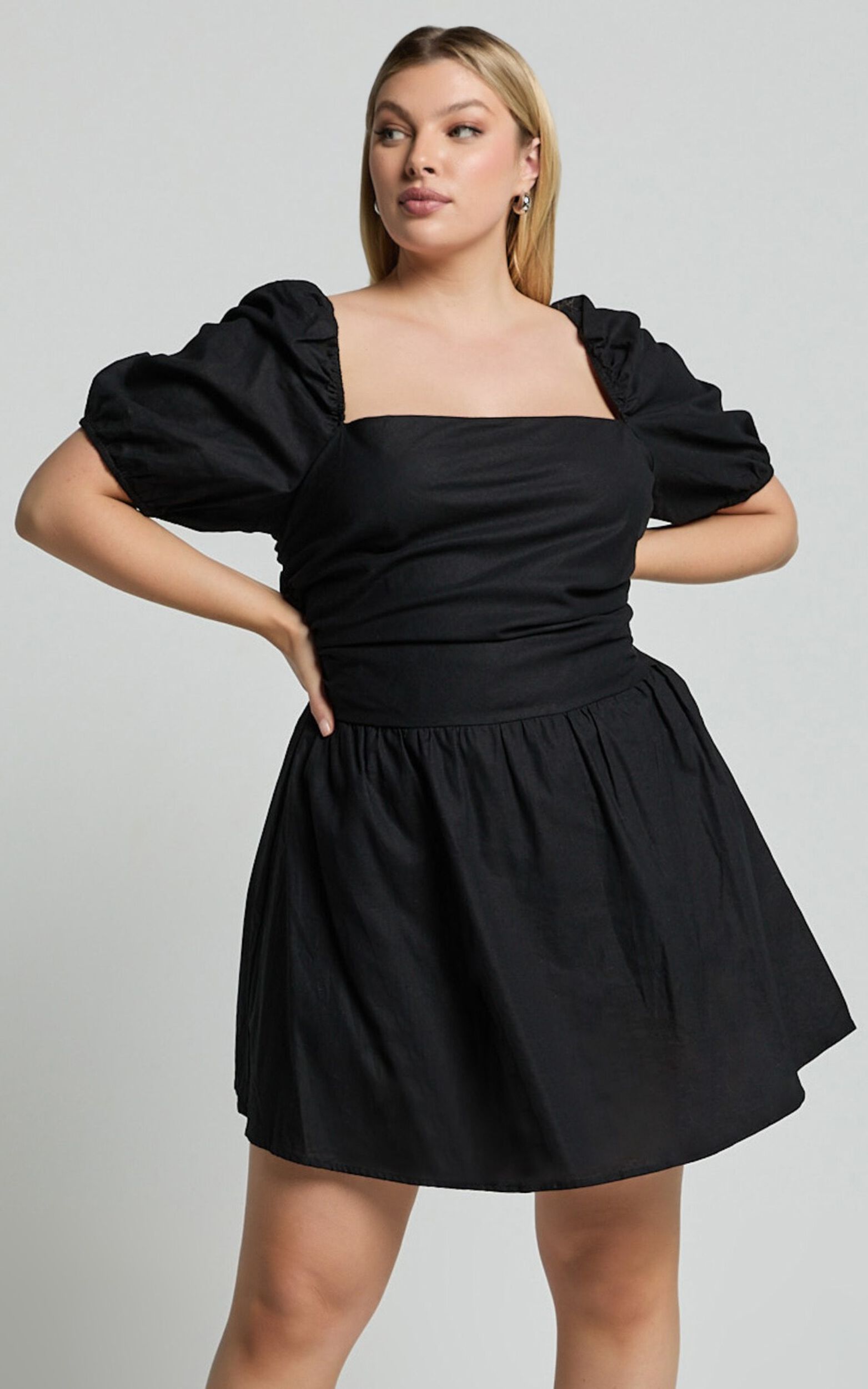 Claudina Mini Dress - Linen Look Puff Sleeve Ruched Bodice Dress in Black
