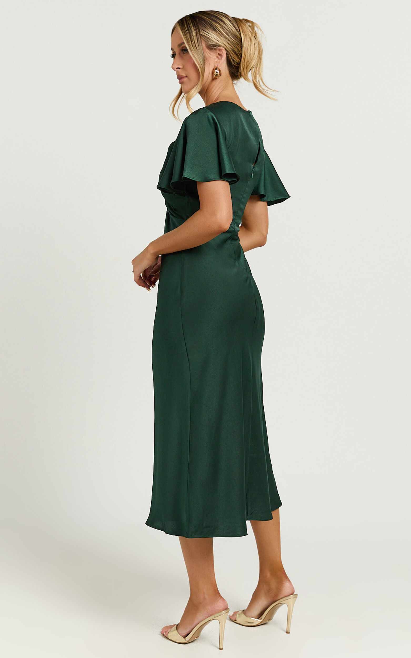 Amartina Midi Dress - V Neck Twist Bodice Flutter Sleeve Dress in Forest Green