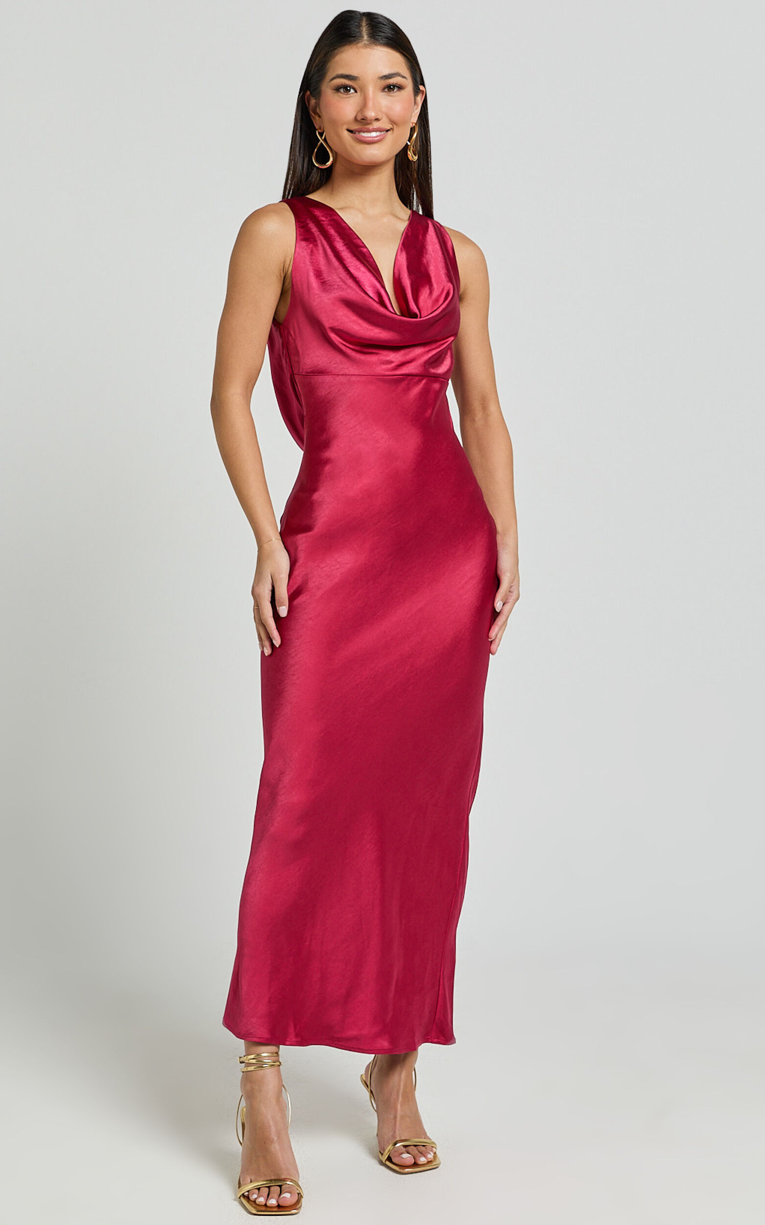 Geri Midi Dress - Cowl Neck Low Back Satin Dress in Berry