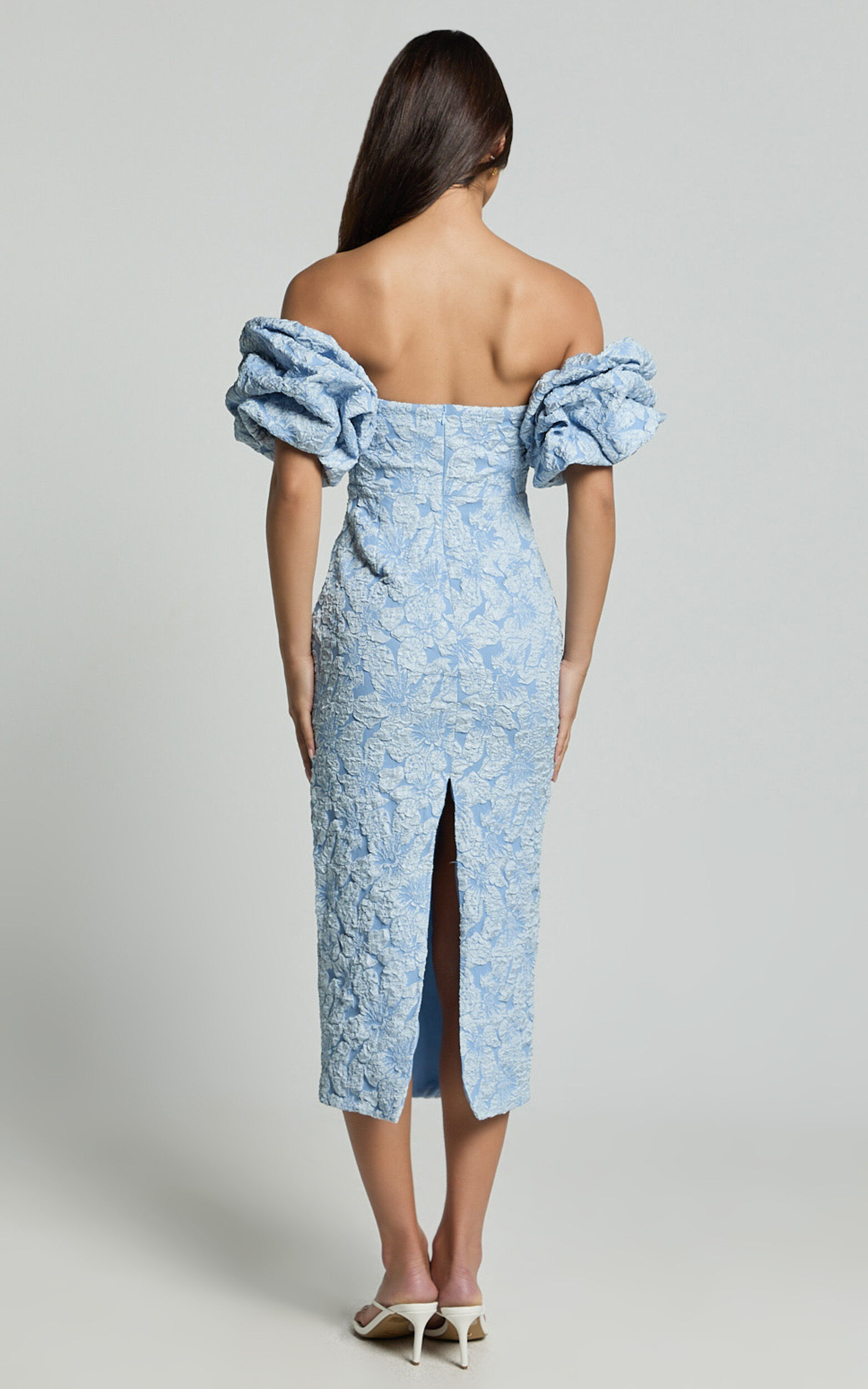 Brielle Midi Dress - Off the Shoulder Short Sleeve Sweetheart Dress in Soft Blue