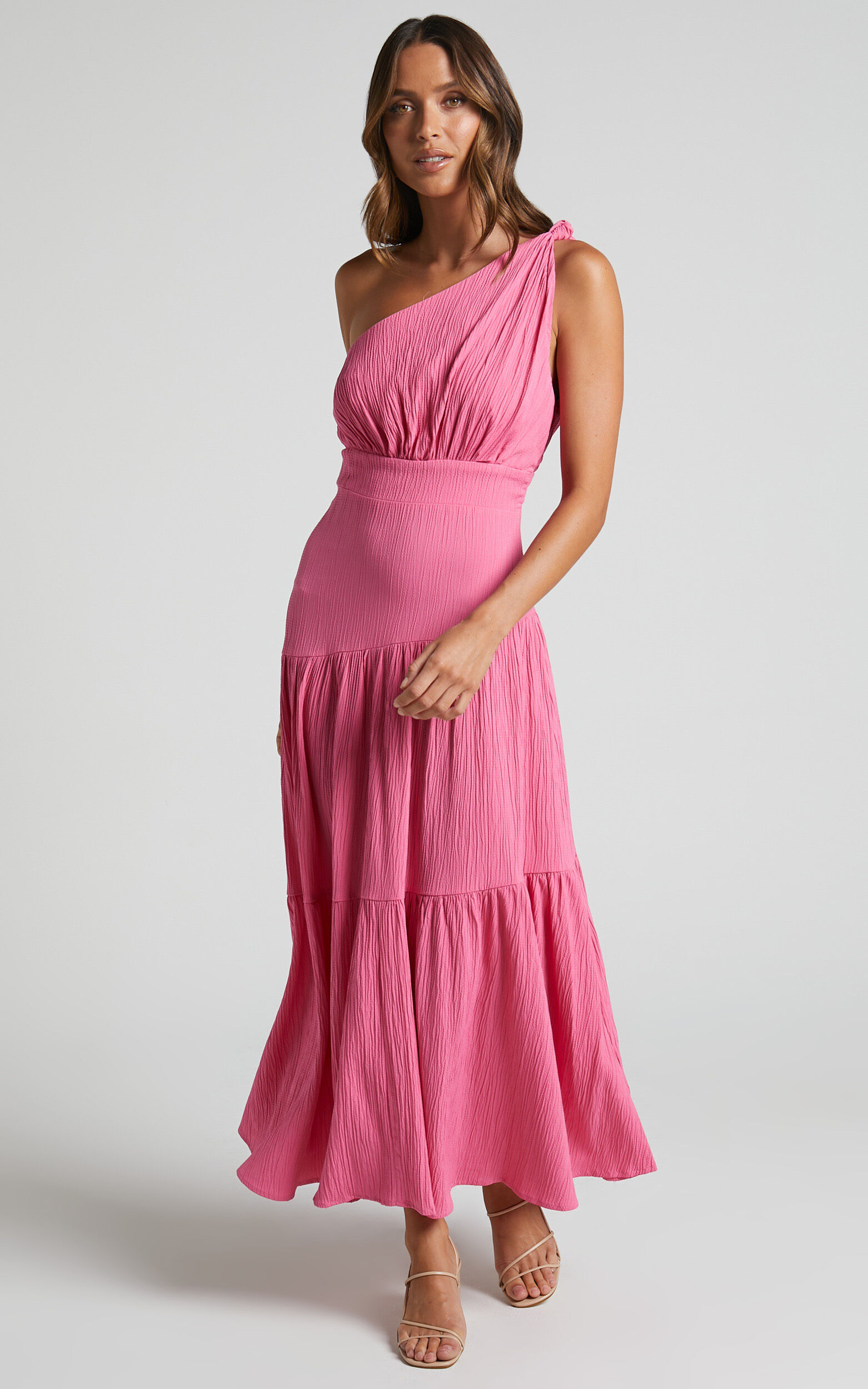 Celestia Midi Dress - Tiered One Shoulder Dress in Bright Pink
