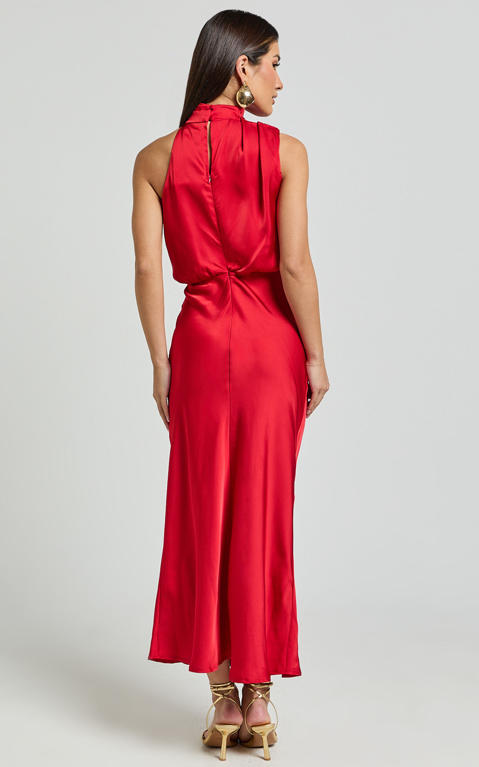 Minnie Midi Dress - Drape Neck Satin Slip Dress in Red