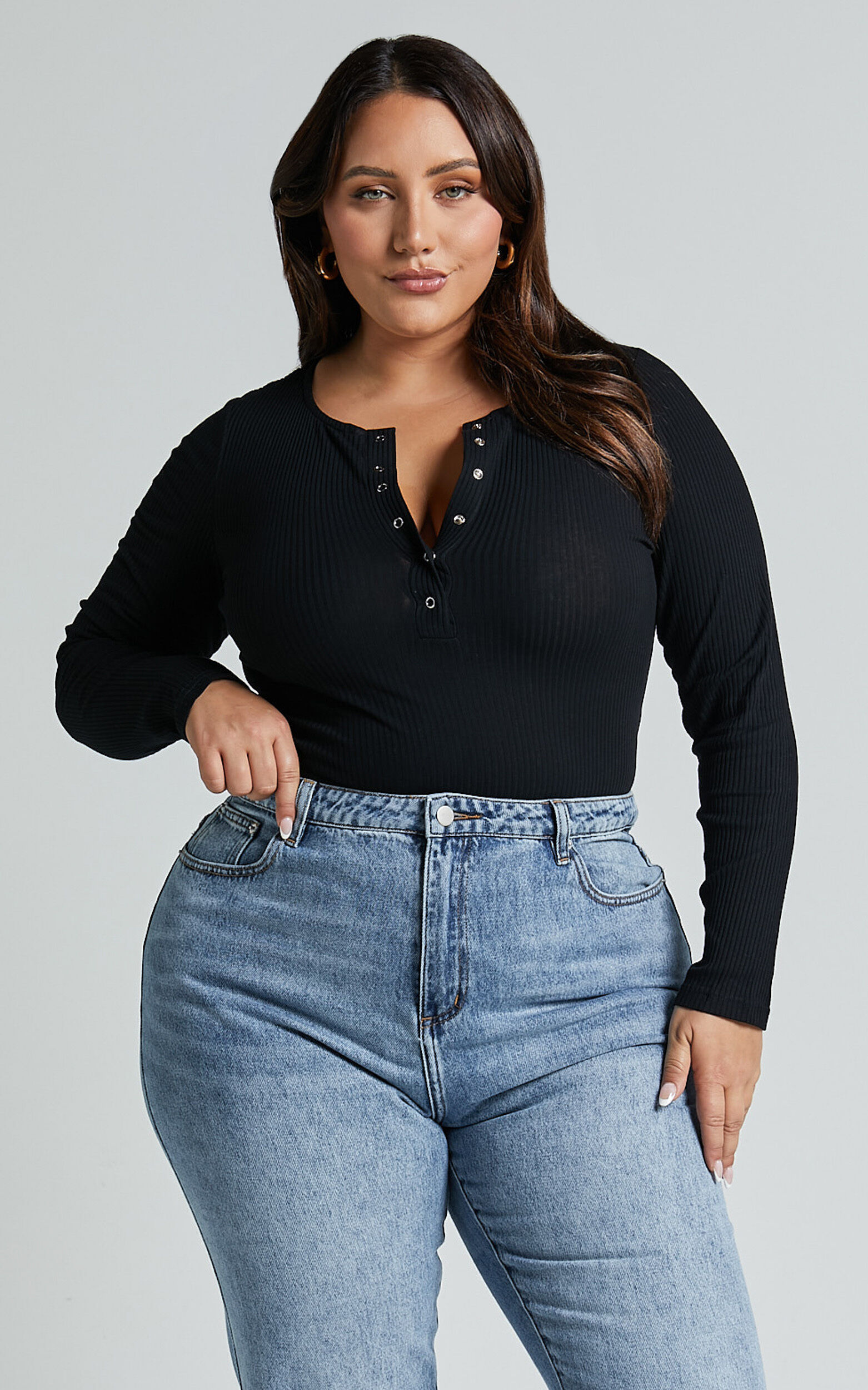 Tatem Bodysuit - Long Sleeve Button Front Bodysuit in Black