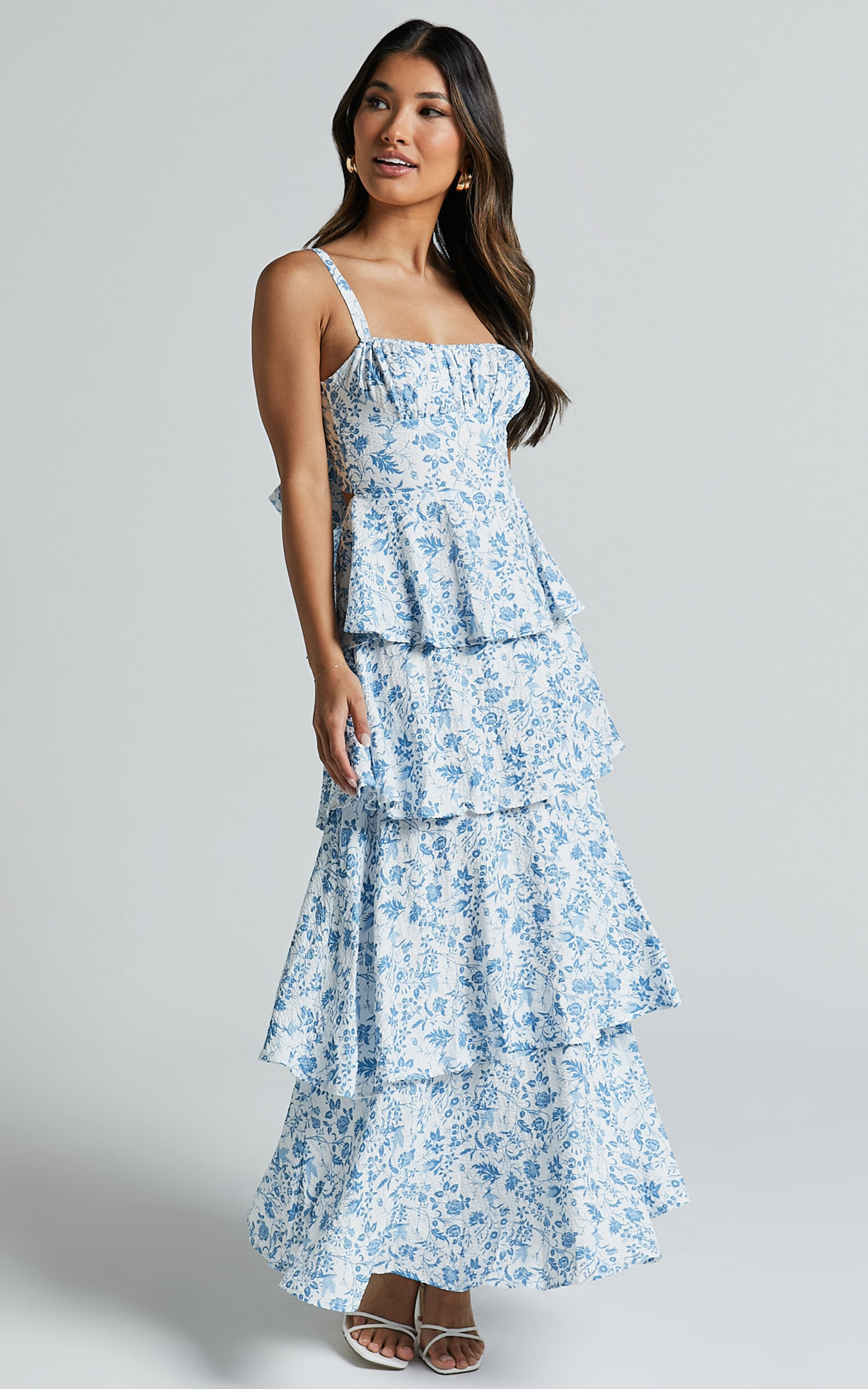 Lorma Midi Dress - Ruched Layered Dress in Blue Floral