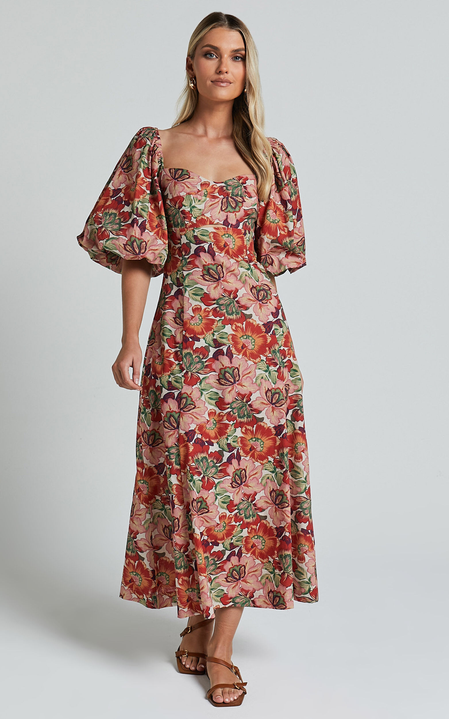 Amalie The Label - Catalina Linen Blend Sweetheart Balloon Sleeve Midi Dress in Musee Print