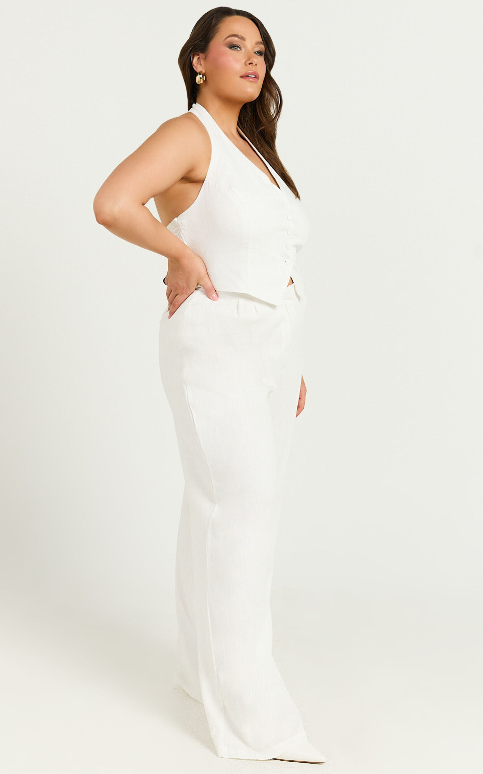 Linette Jumpsuit - Halter Neck Button Through Vest Tailored Wide Leg Jumpsuit in White