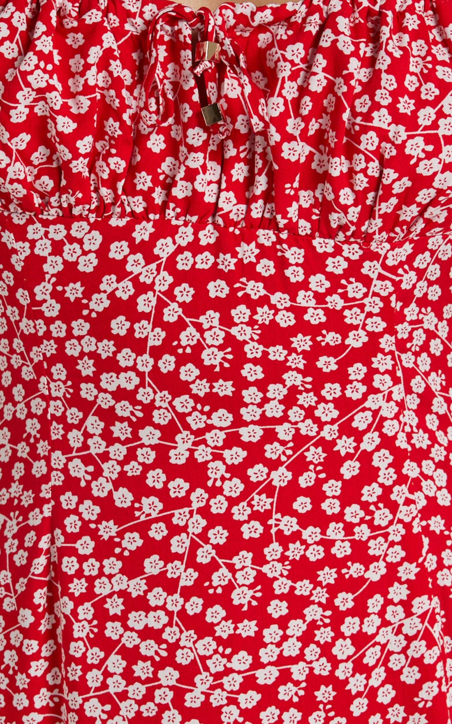 Willa Midi Dress - Ruched Bust Thigh Split Dress in Red Floral